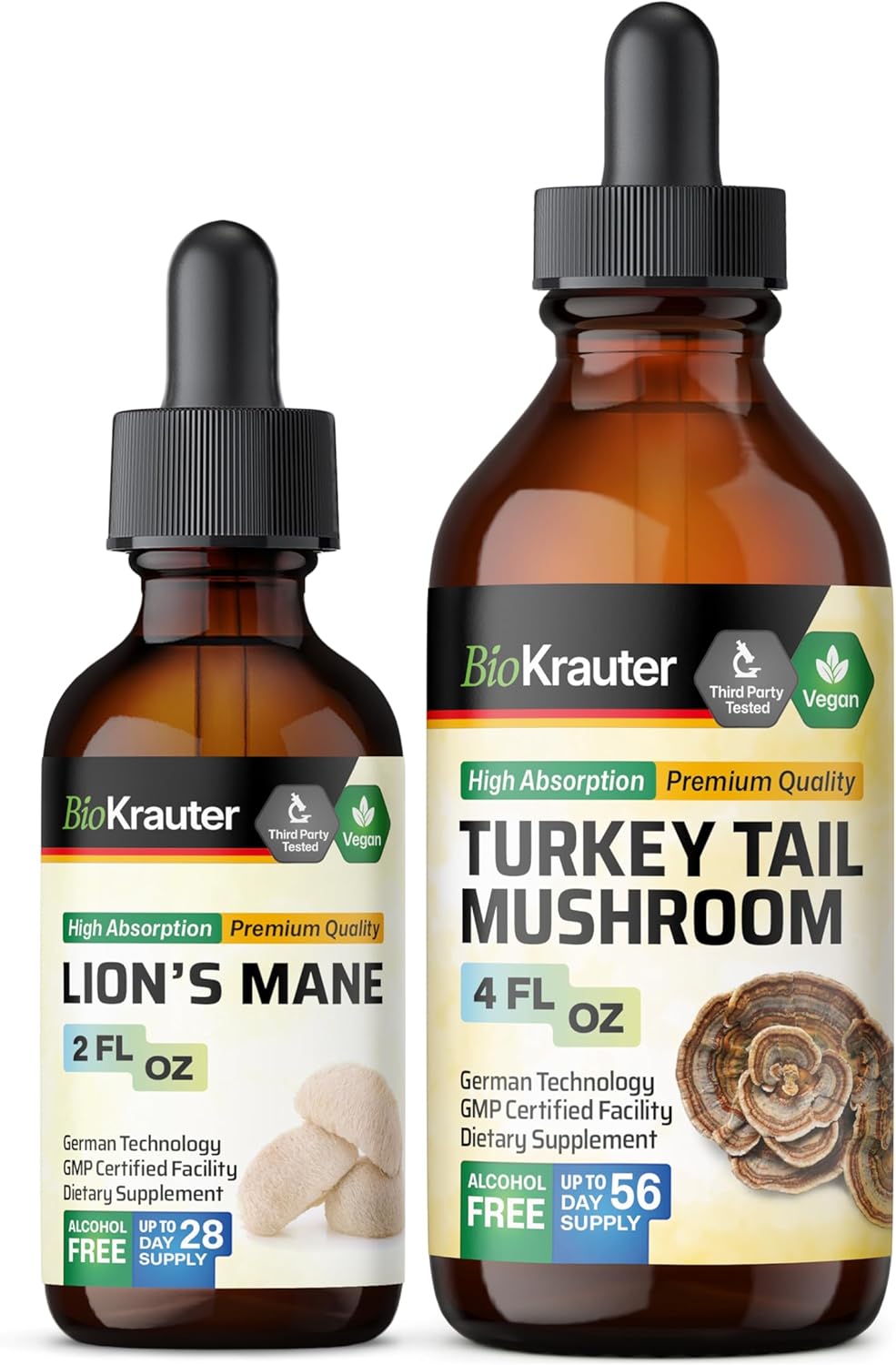 Organic Lion's Mane and Turkey Tail Mushroom Tinctures Bundle - 2 Fl. Oz. & 4 Fl. Oz.