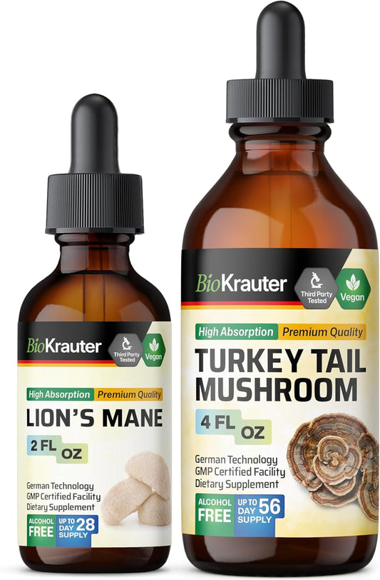 Organic Lion's Mane and Turkey Tail Mushroom Tinctures Bundle - 2 Fl. Oz. & 4 Fl. Oz.