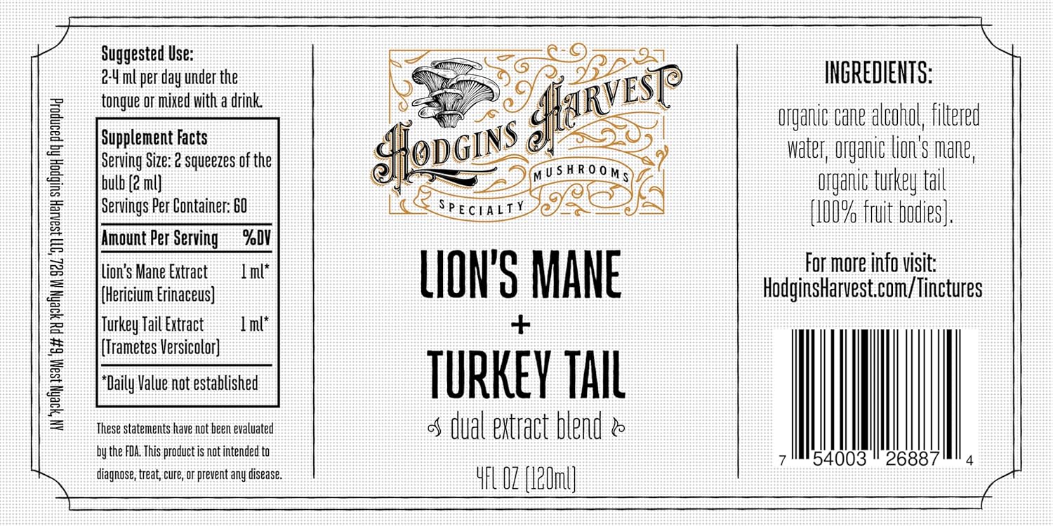 Organic Lion's Mane and Turkey Tail Tincture | Grown on USA Farm | Dual Extract | Extra Concentrated (4 fl oz)