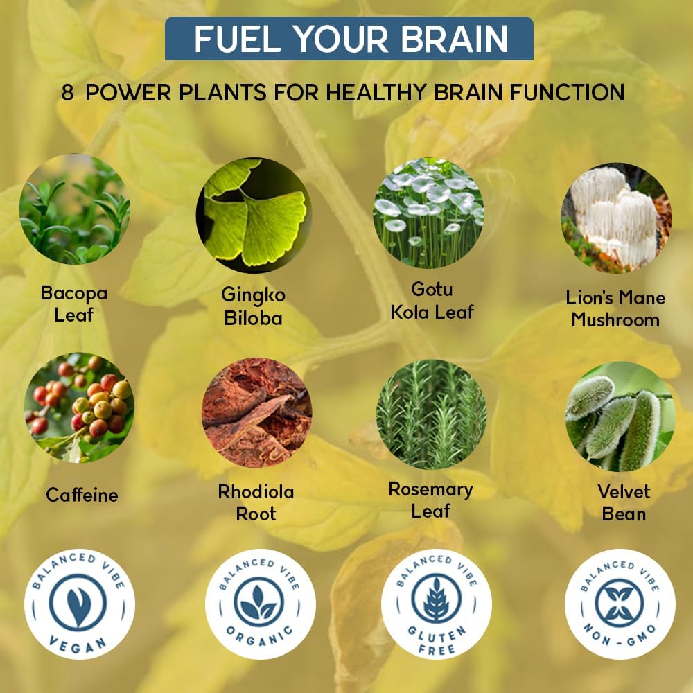 Organic Lion's Mane Brain Supplement for Memory, Focus, Cognition | Neuro Protective Formula with 7 Power Plants | Adaptogens for Brain Boost | Non-GMO | 90 Capsules.