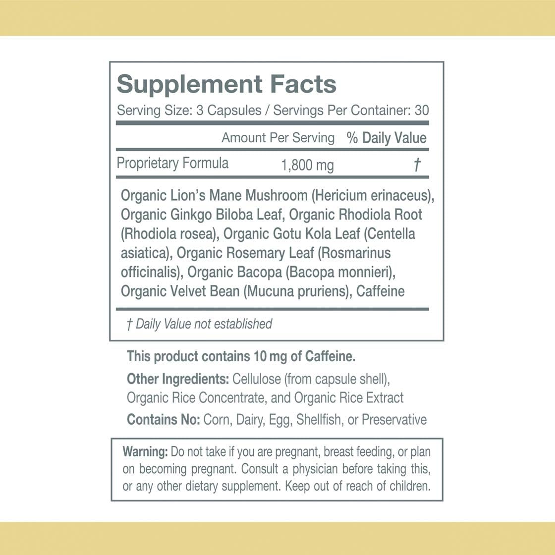 Organic Lion's Mane Brain Supplement for Memory, Focus, Cognition | Neuro Protective Formula with 7 Power Plants | Adaptogens for Brain Boost | Non-GMO | 90 Capsules.