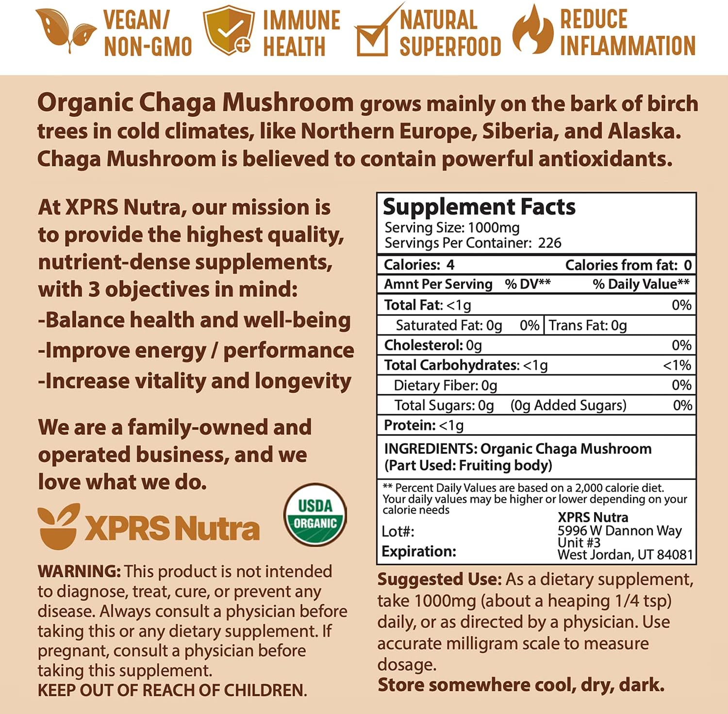 Organic Lion's Mane, Chaga, Red Reishi Mushroom Bundle - XPRS Nutra - 8 Ounces Each