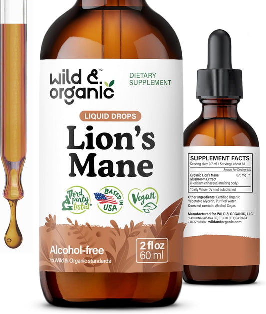 Organic Lions Mane Liquid Drops - Brain Support Supplement - Hericium Erinaceus Mushroom Extract - Vegan, Alcohol & Sugar-Free - 2 fl oz