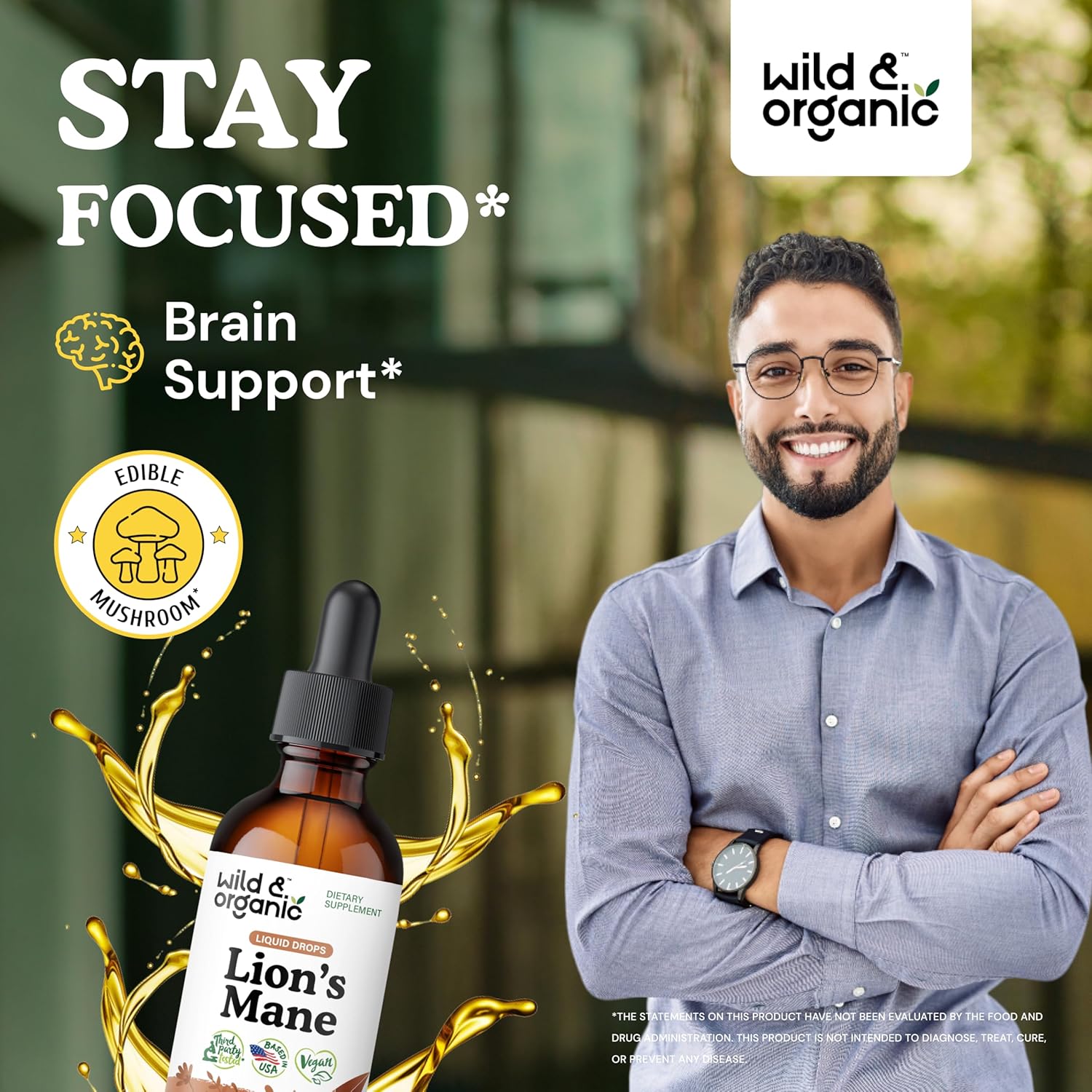 Organic Lions Mane Liquid Drops - Brain Support Supplement - Hericium Erinaceus Mushroom Extract - Vegan, Alcohol & Sugar-Free - 2 fl oz