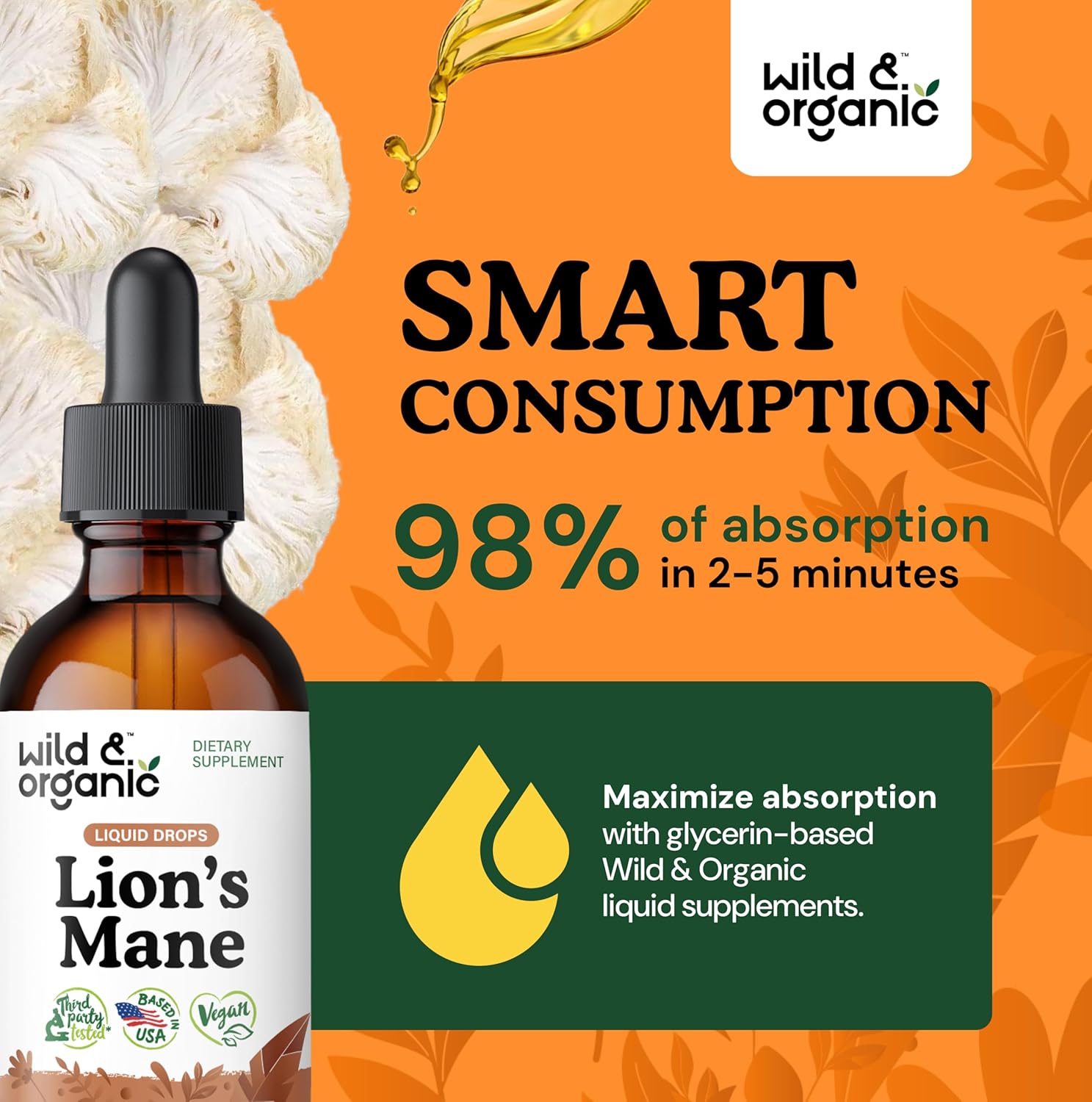 Organic Lions Mane Liquid Drops - Brain Support Supplement - Hericium Erinaceus Mushroom Extract - Vegan, Alcohol & Sugar-Free - 2 fl oz