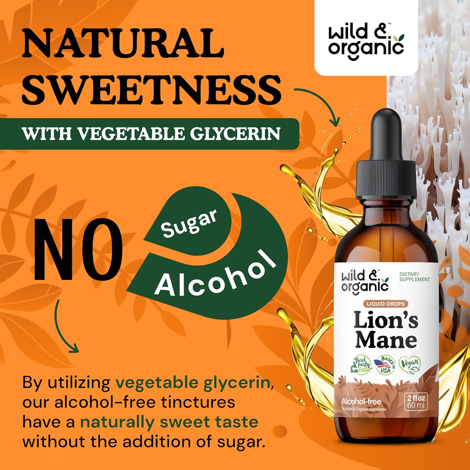 Organic Lions Mane Liquid Drops - Brain Support Supplement - Hericium Erinaceus Mushroom Extract - Vegan, Alcohol & Sugar-Free - 2 fl oz
