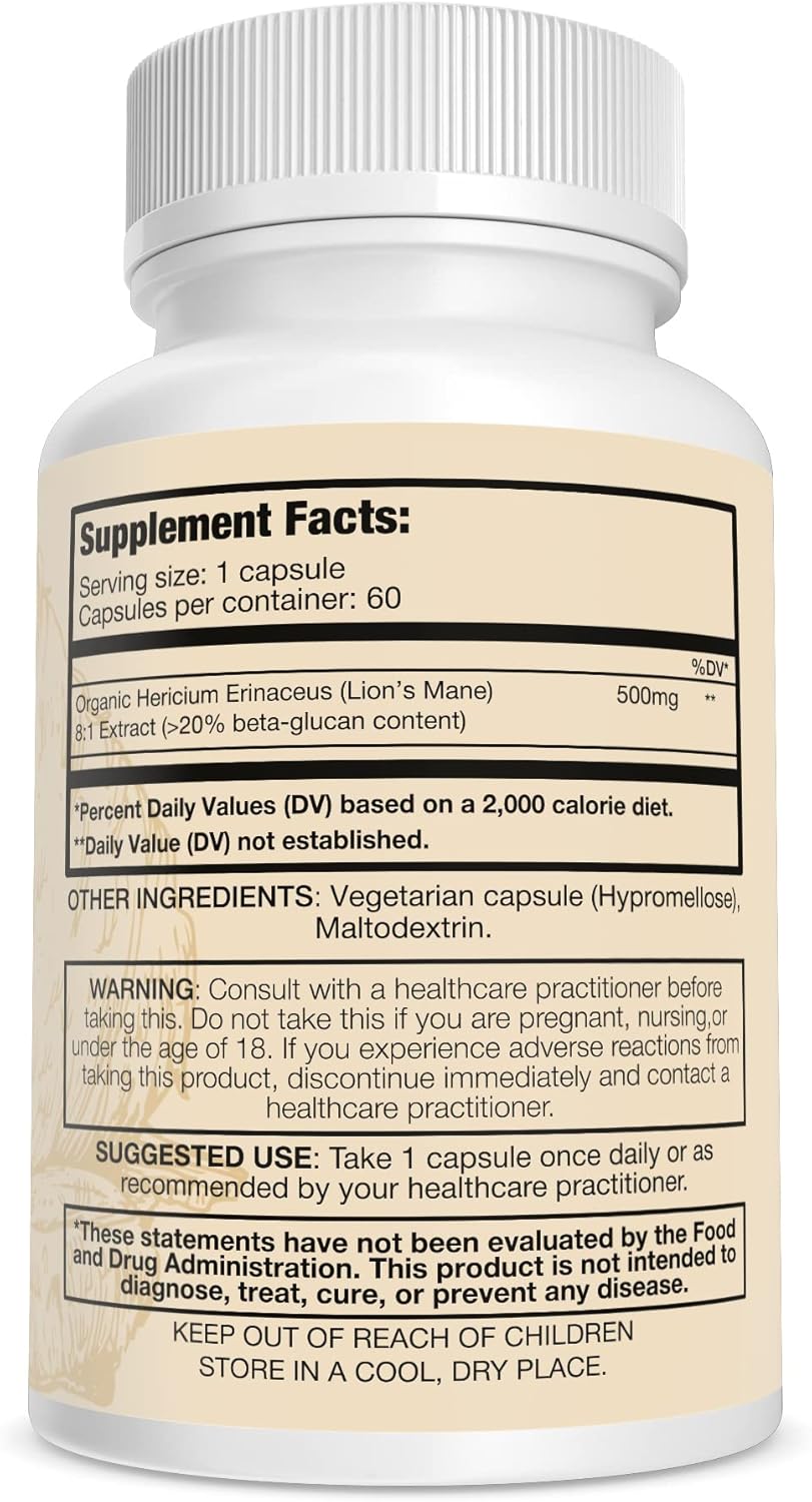 Organic Lion's Mane Mushroom 8:1 Extract Capsules for Brain Health | 500mg | 60 Vegetarian Caps | High Beta-Glucans | Nootropic - BoostGo Australia