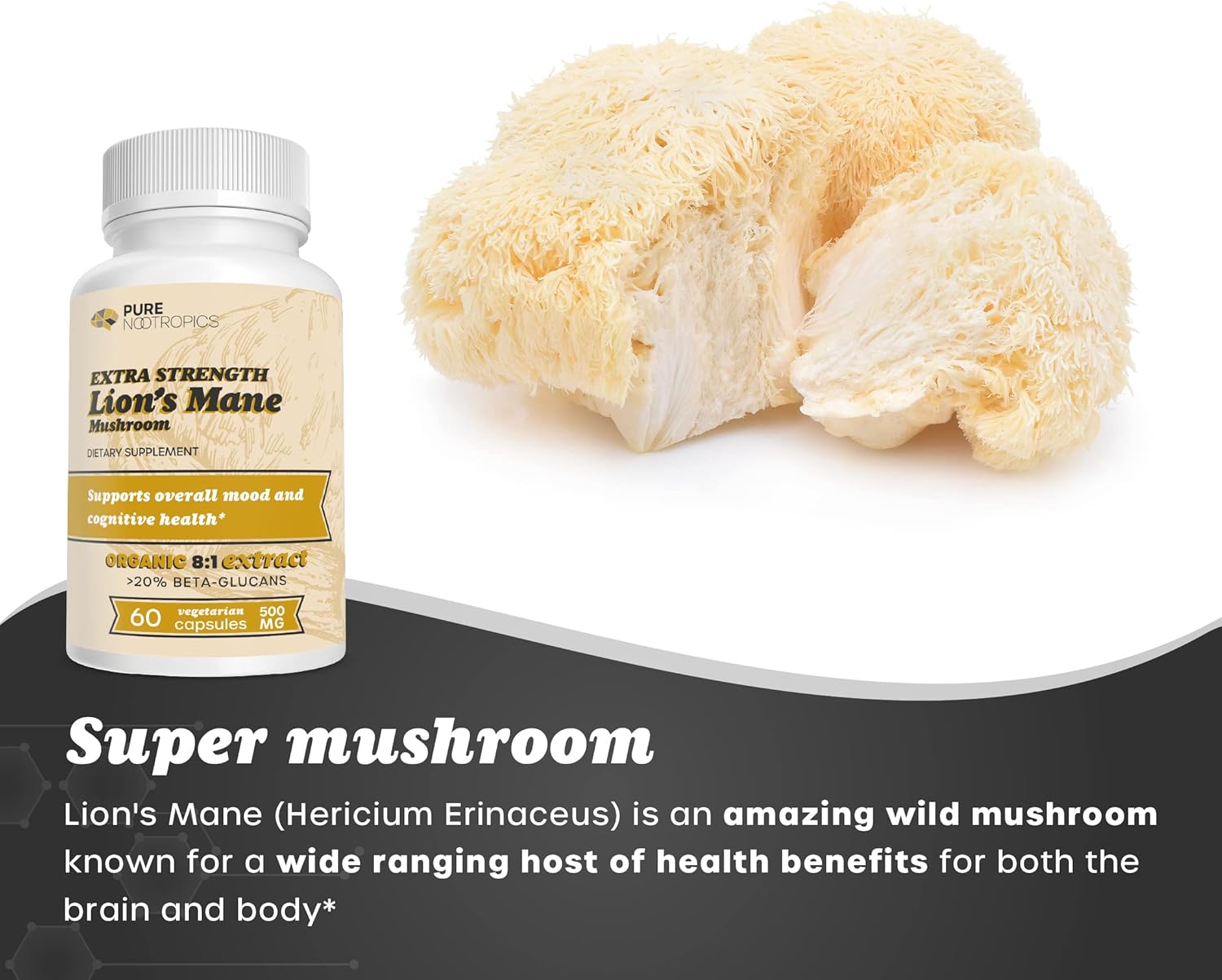 Organic Lion's Mane Mushroom 8:1 Extract Capsules for Brain Health | 500mg | 60 Vegetarian Caps | High Beta-Glucans | Nootropic - BoostGo Australia