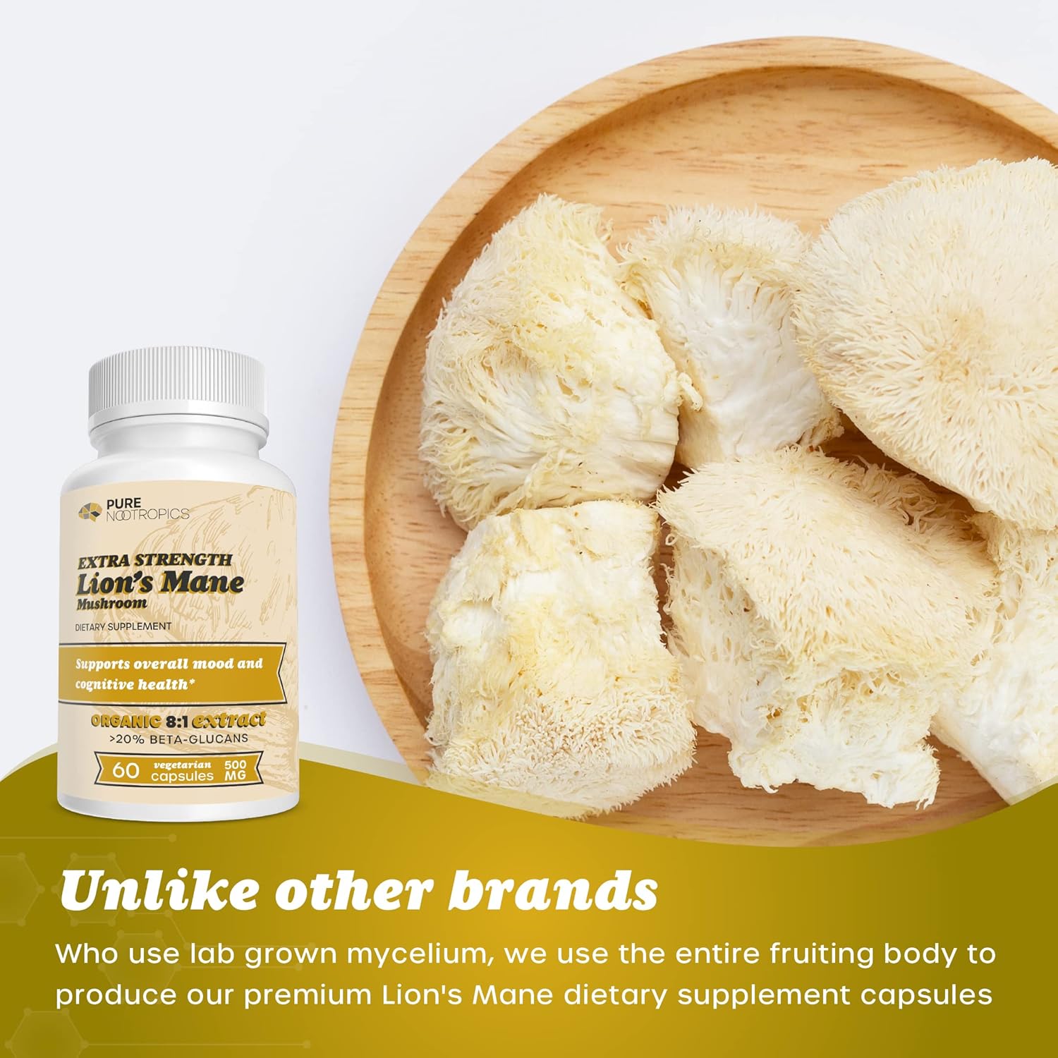 Organic Lion's Mane Mushroom 8:1 Extract Capsules for Brain Health | 500mg | 60 Vegetarian Caps | High Beta-Glucans | Nootropic - BoostGo Australia
