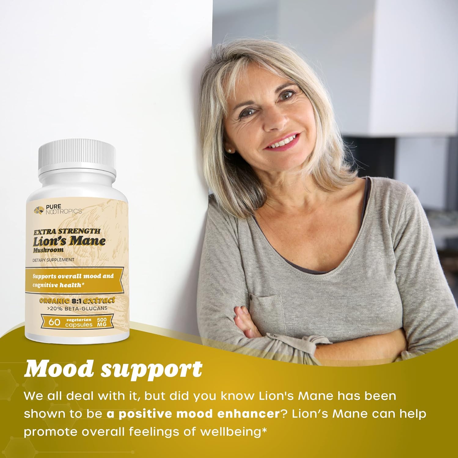 Organic Lion's Mane Mushroom 8:1 Extract Capsules for Brain Health | 500mg | 60 Vegetarian Caps | High Beta-Glucans | Nootropic - BoostGo Australia