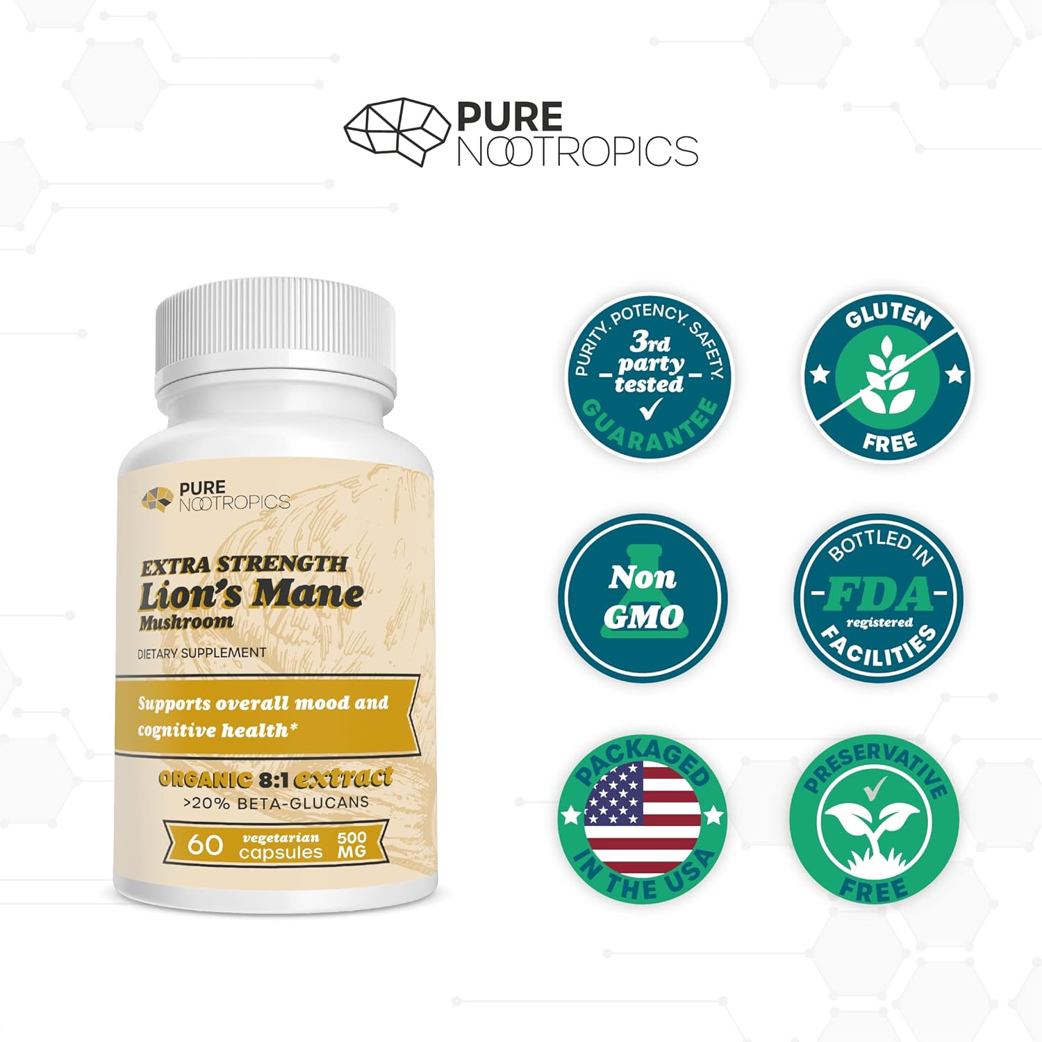 Organic Lion's Mane Mushroom 8:1 Extract Capsules for Brain Health | 500mg | 60 Vegetarian Caps | High Beta-Glucans | Nootropic - BoostGo Australia