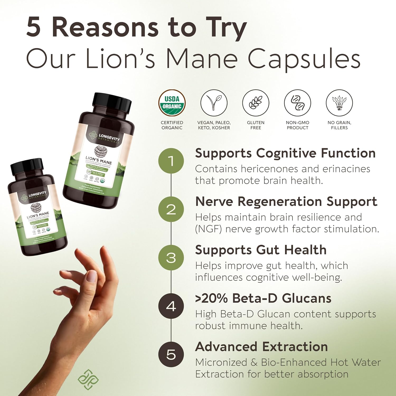 Organic Lions Mane Mushroom Capsules - Ultra Concentrated Supplement for Mental Clarity, Focus, and Memory - 100% Fruiting Body - 240 Count - BoostGo Australia