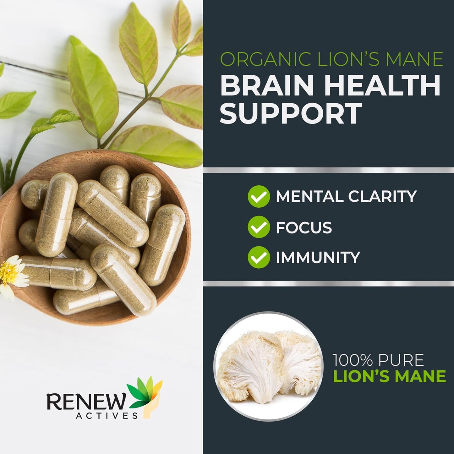 Organic Lion's Mane Mushroom Capsules for Brain Function, Memory, Focus, Stress Relief, Immune Health - 120 ct.