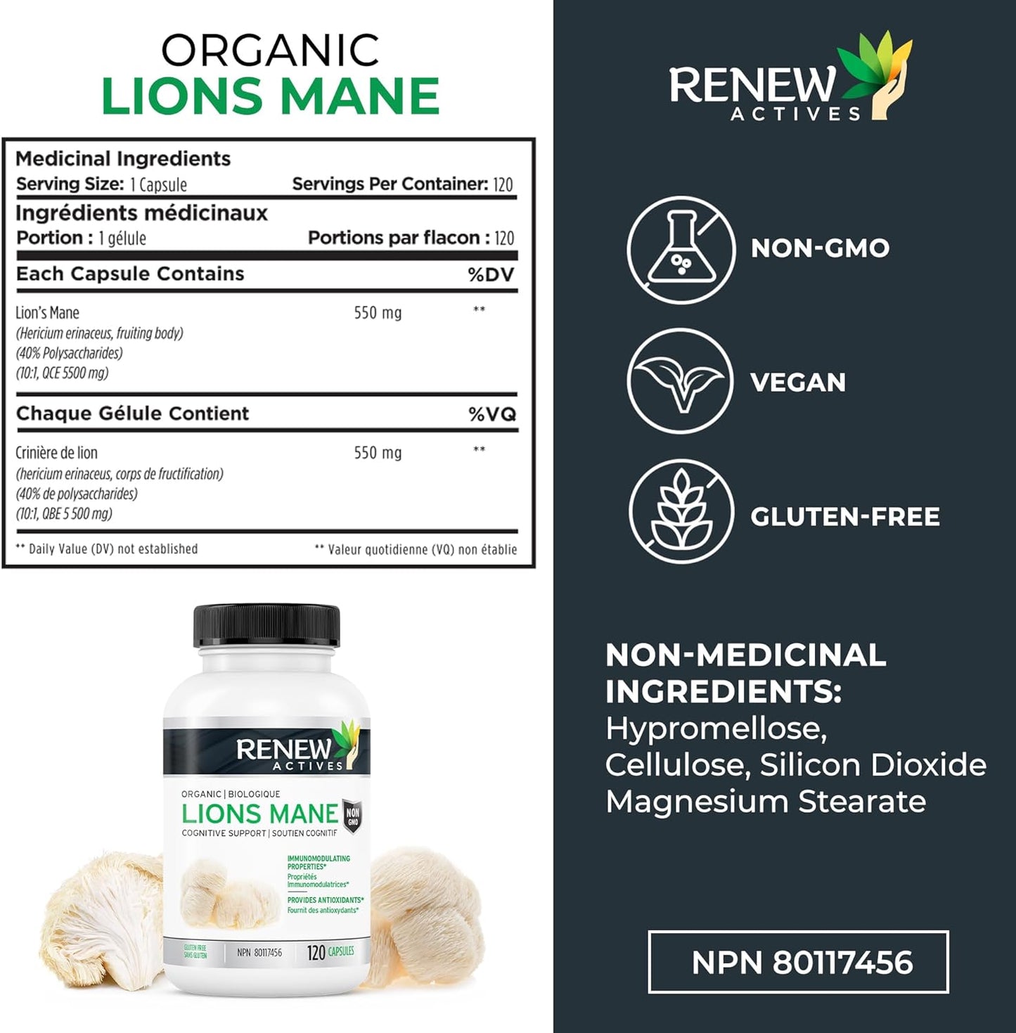 Organic Lion's Mane Mushroom Capsules for Brain Function, Memory, Focus, Stress Relief, Immune Health - 120 ct.