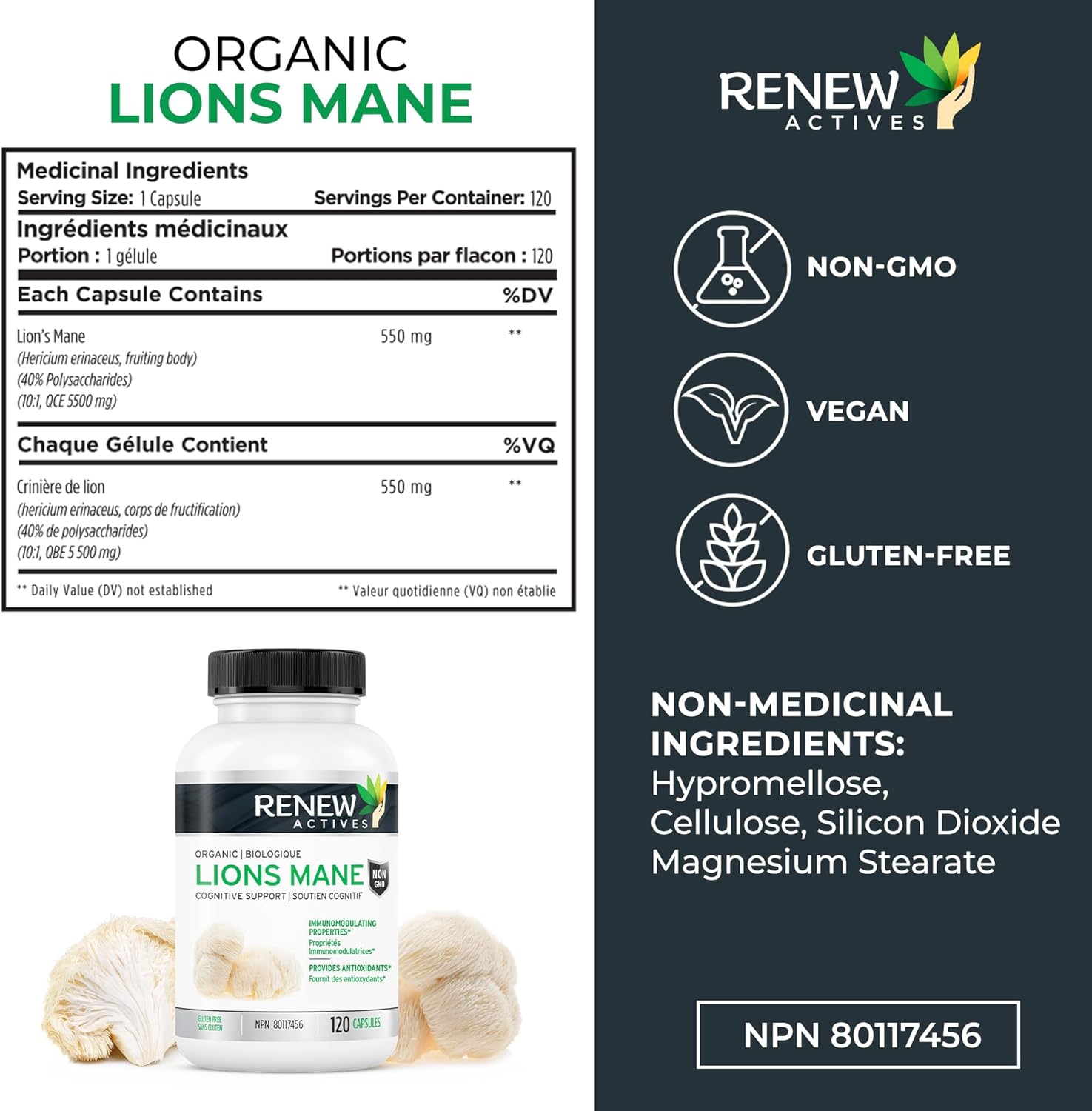 Organic Lion's Mane Mushroom Capsules for Brain Function, Memory, Focus, Stress Relief, Immune Health - 120 ct.