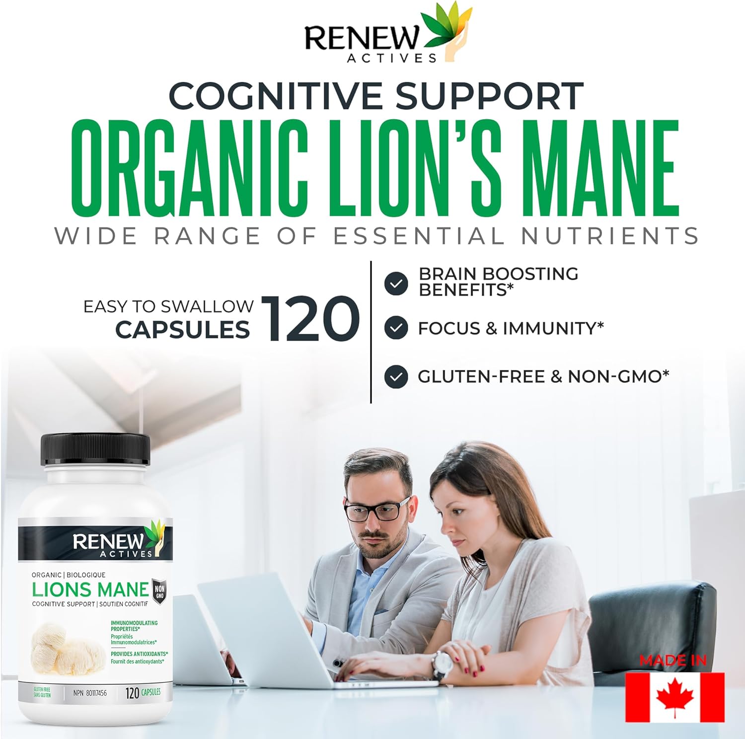 Organic Lion's Mane Mushroom Capsules for Brain Function, Memory, Focus, Stress Relief, Immune Health - 120 ct.