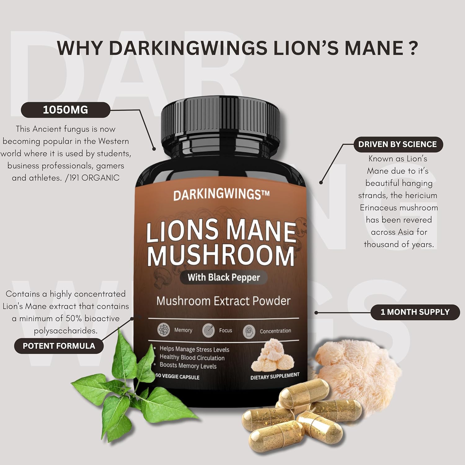Organic Lions Mane Mushroom Extract Capsules for Cognitive Function, Memory, and Focus - Immune Support Supplement - 60 Veggie Pills