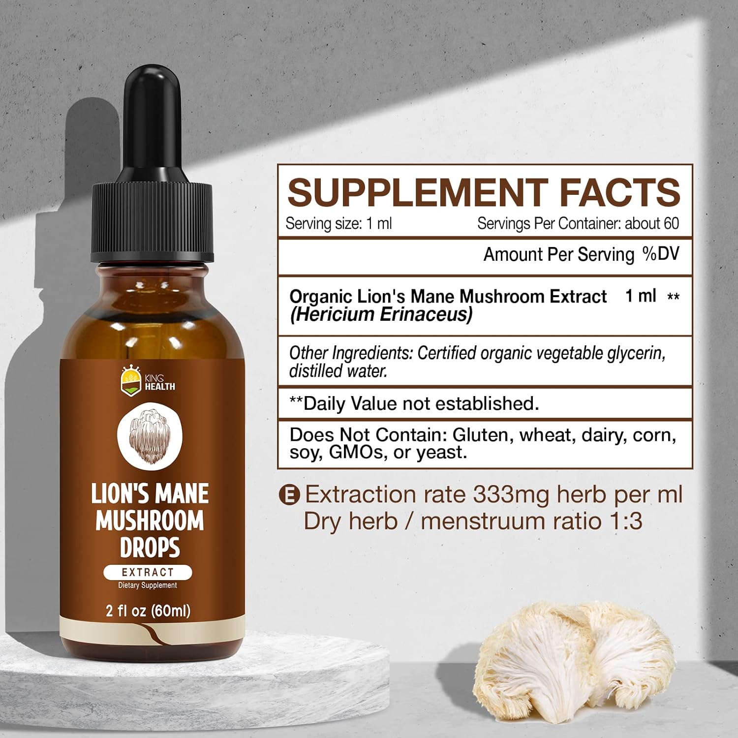 Organic Lion's Mane Mushroom Extract Liquid, High Absorption Tincture, Alcohol-Free, Vegan, Non-GMO - 2 Fl oz