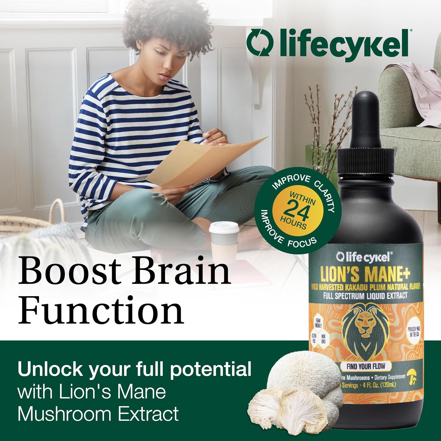 Organic Lion's Mane Mushroom Extract with Kakadu Plum - Brain Booster for Memory, Focus & Sleep - Non-GMO Tincture - 1 Fl Oz