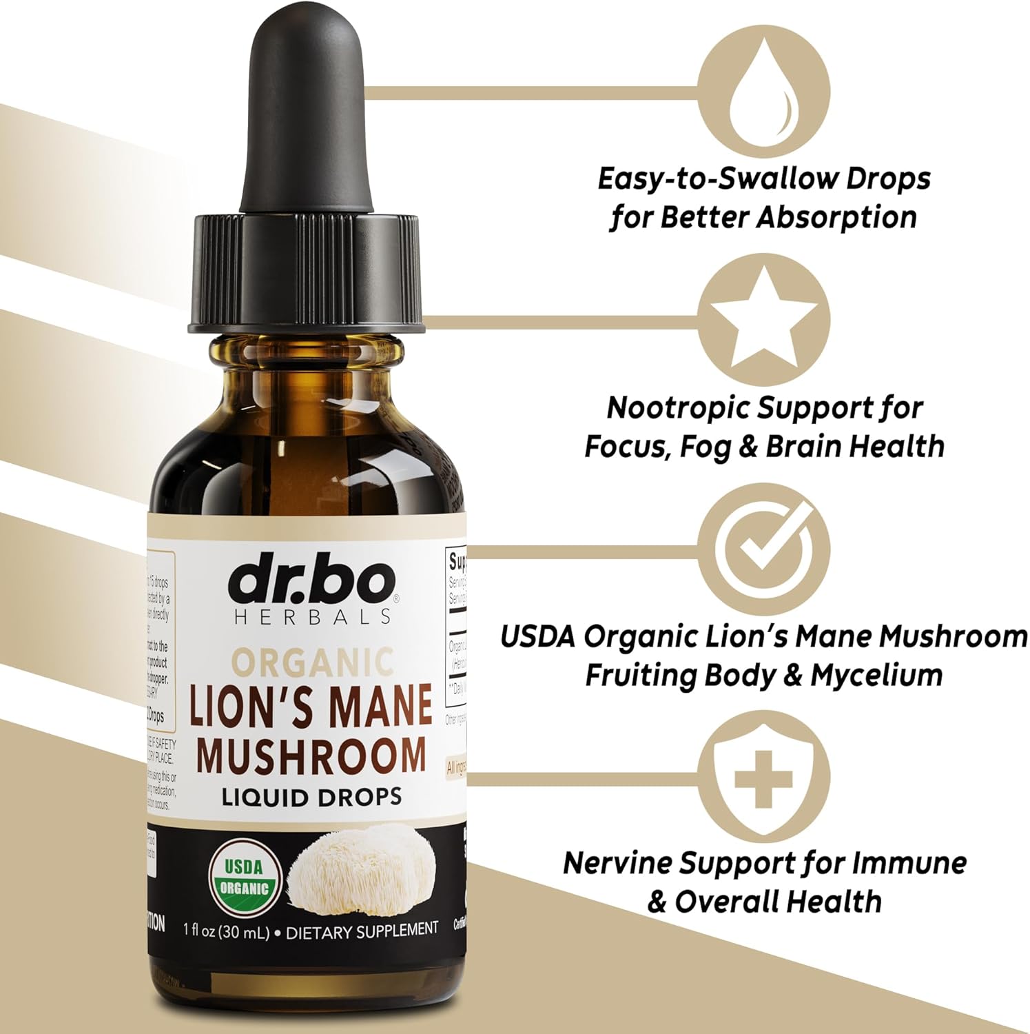 Organic Lions Mane Mushroom Liquid Drops for Focus, Brain Health - Lion's Mane Tincture Supplement for Cognitive Support