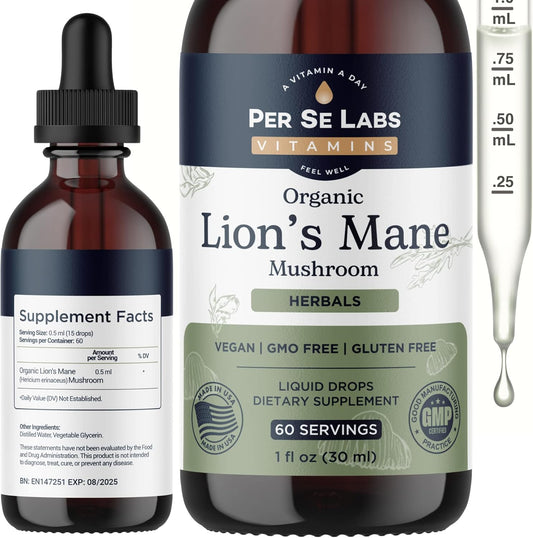 Organic Lions Mane Mushroom Liquid Drops | Immune System Support & Brain Health Supplement | Lion's Mane Extract for Focus & Memory