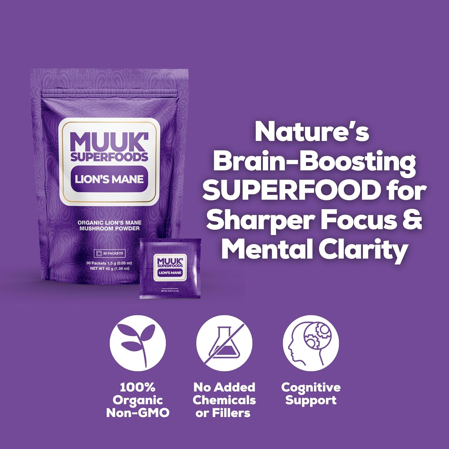 Organic Lion's Mane Mushroom Powder Packets for On-The-Go Convenience | 30 Sachets by Muuk Superfoods
