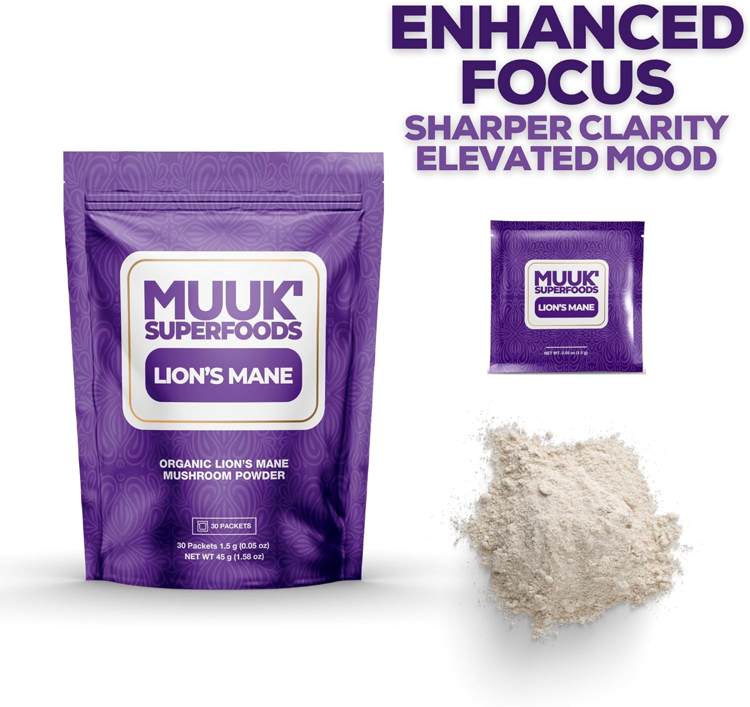 Organic Lion's Mane Mushroom Powder Packets for On-The-Go Convenience | 30 Sachets by Muuk Superfoods
