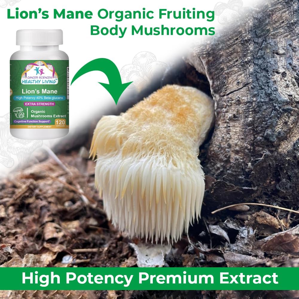 Organic Lion’s Mane Mushroom Supplement Capsules - 1,500mg Extra Strength, High Potency 40% Beta-Glucans for Cognition & Memory Support - 120 Capsules