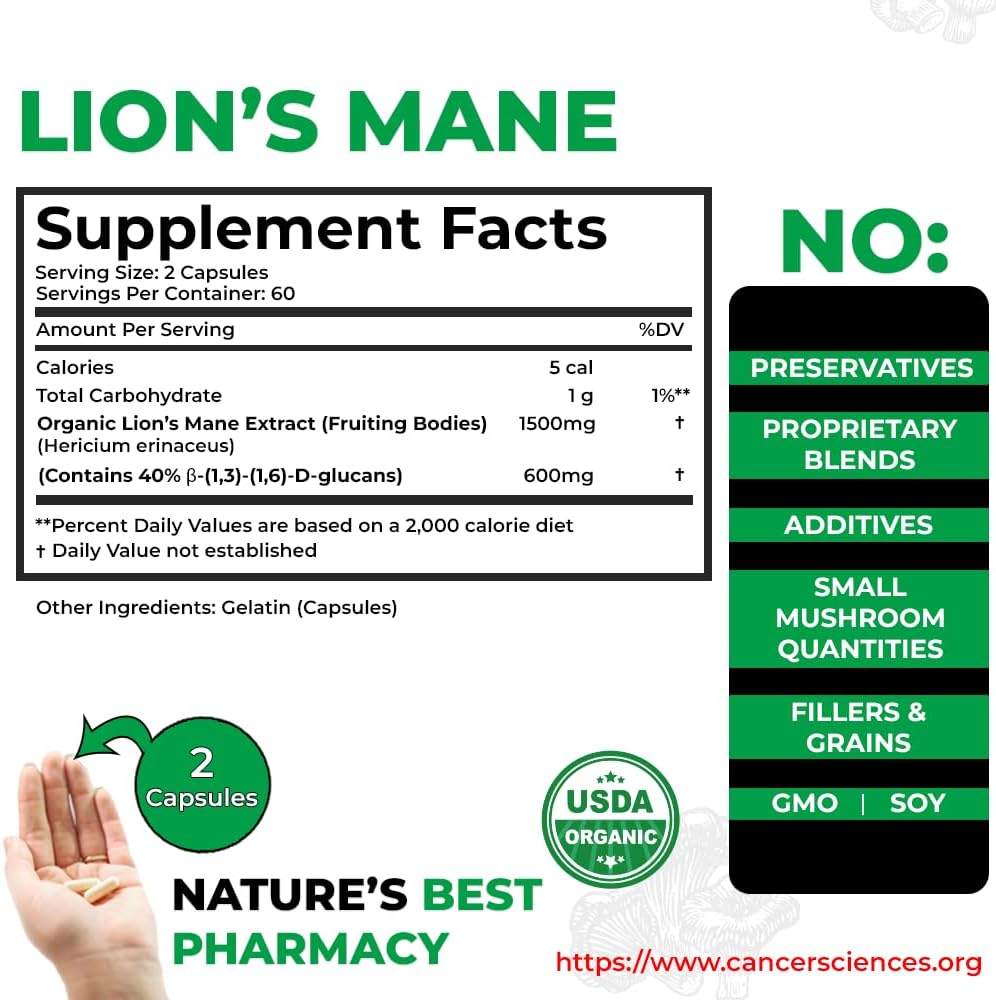Organic Lion’s Mane Mushroom Supplement Capsules - 1,500mg Extra Strength, High Potency 40% Beta-Glucans for Cognition & Memory Support - 120 Capsules