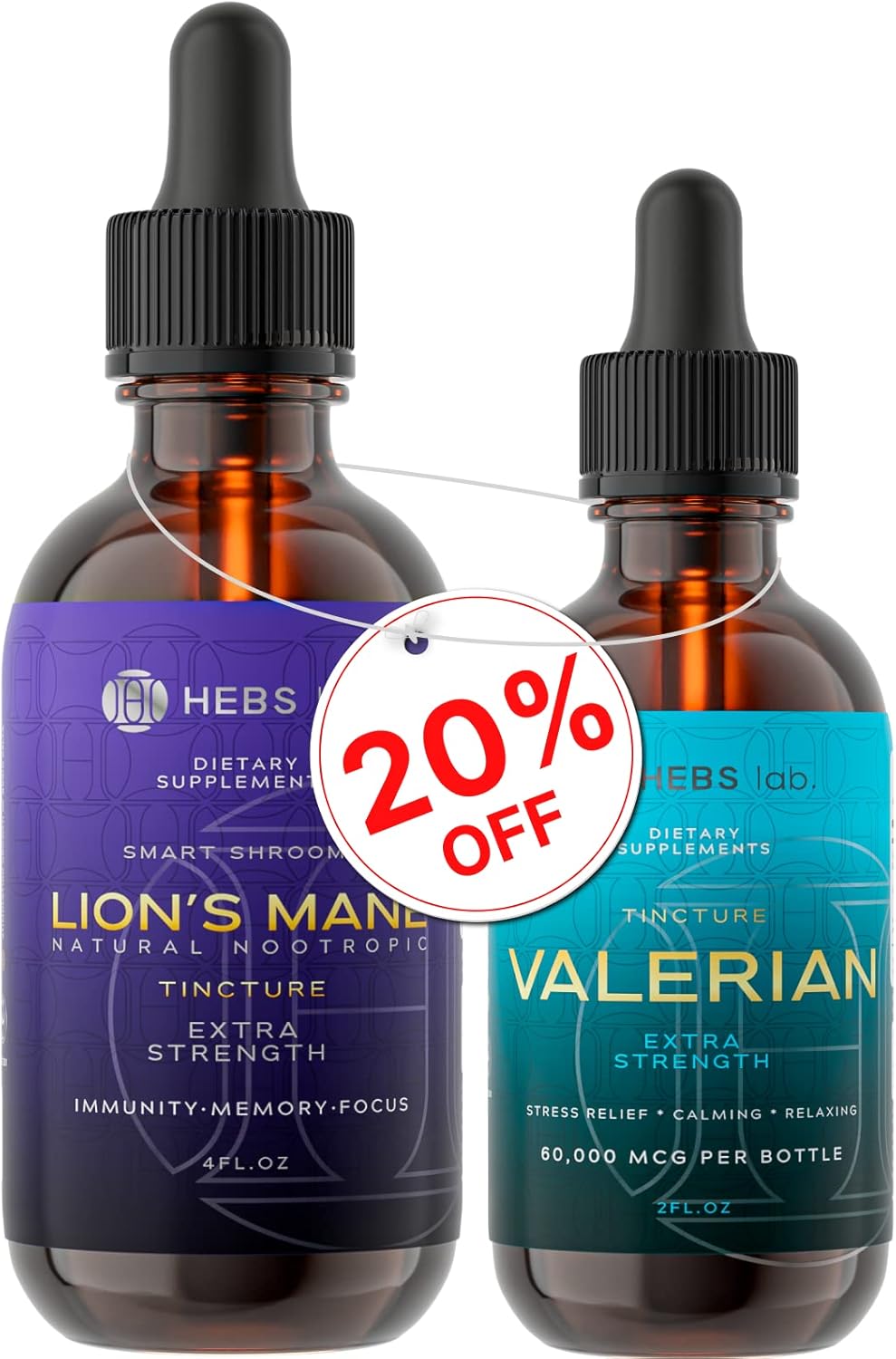 Organic Lions Mane Mushroom & Valerian Root Extract Bundle - Brain & Immune Support Supplement by HEBS LAB