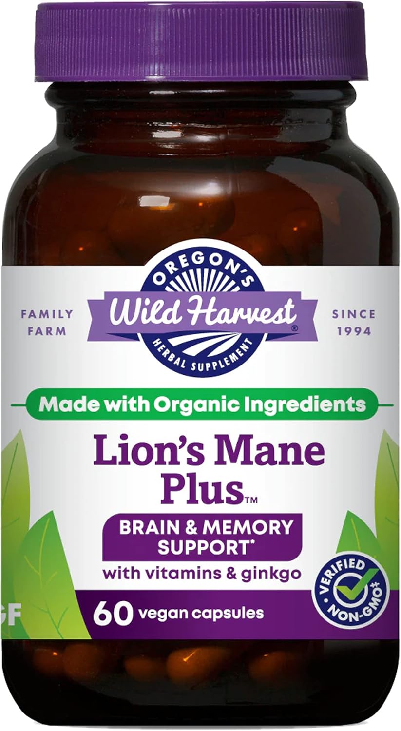Organic Lion's Mane Plus Brain & Memory Support Supplement with Vitamins & Ginkgo, 60 Count by Oregon's Wild Harvest