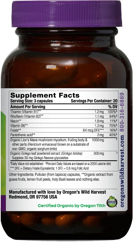 Organic Lion's Mane Plus Brain & Memory Support Supplement with Vitamins & Ginkgo, 60 Count by Oregon's Wild Harvest