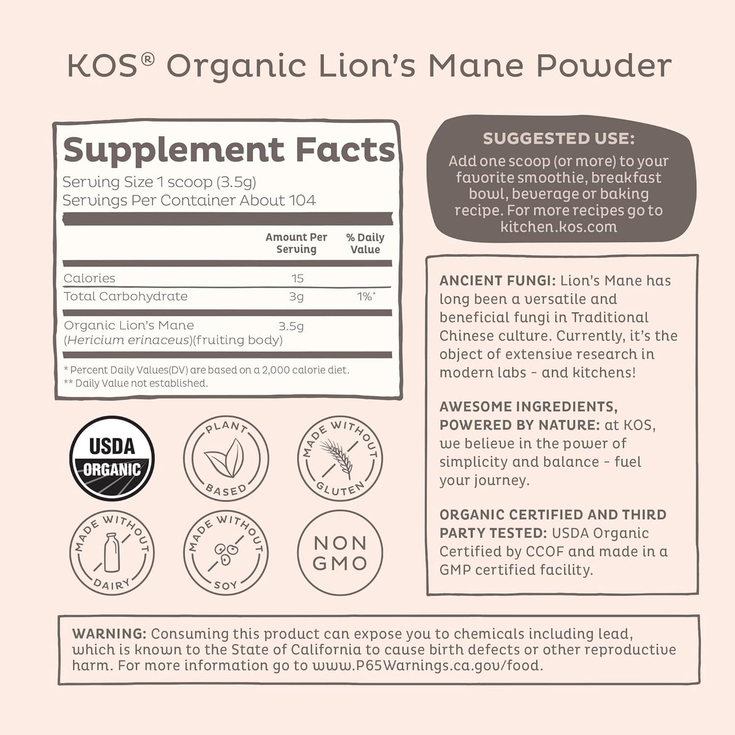 Organic Lion's Mane Powder - Vegan Superfood Nootropic, USDA Certified, Non-GMO - 104 Servings