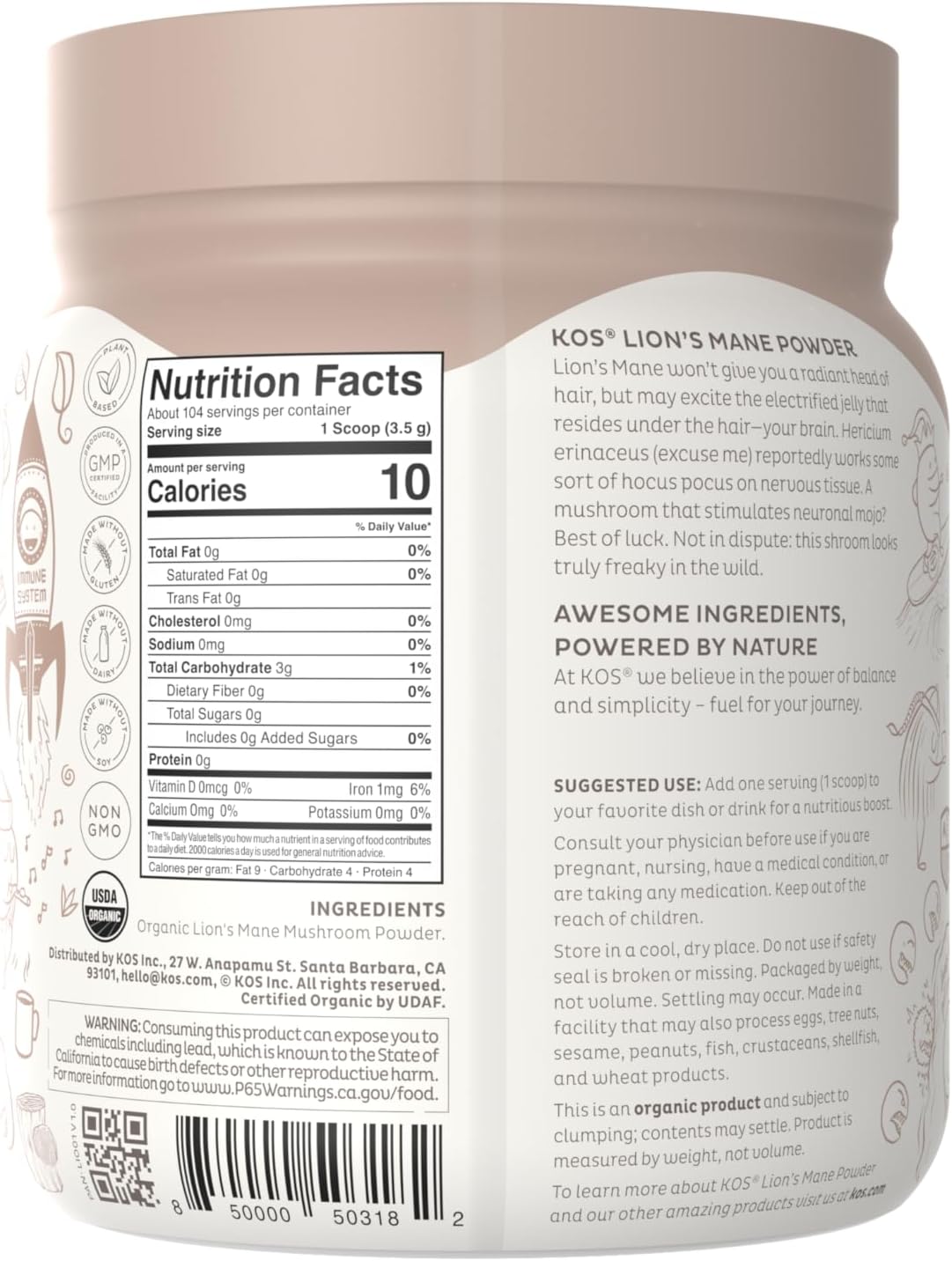 Organic Lion's Mane Powder - Vegan Superfood Nootropic, USDA Certified, Non-GMO - 104 Servings