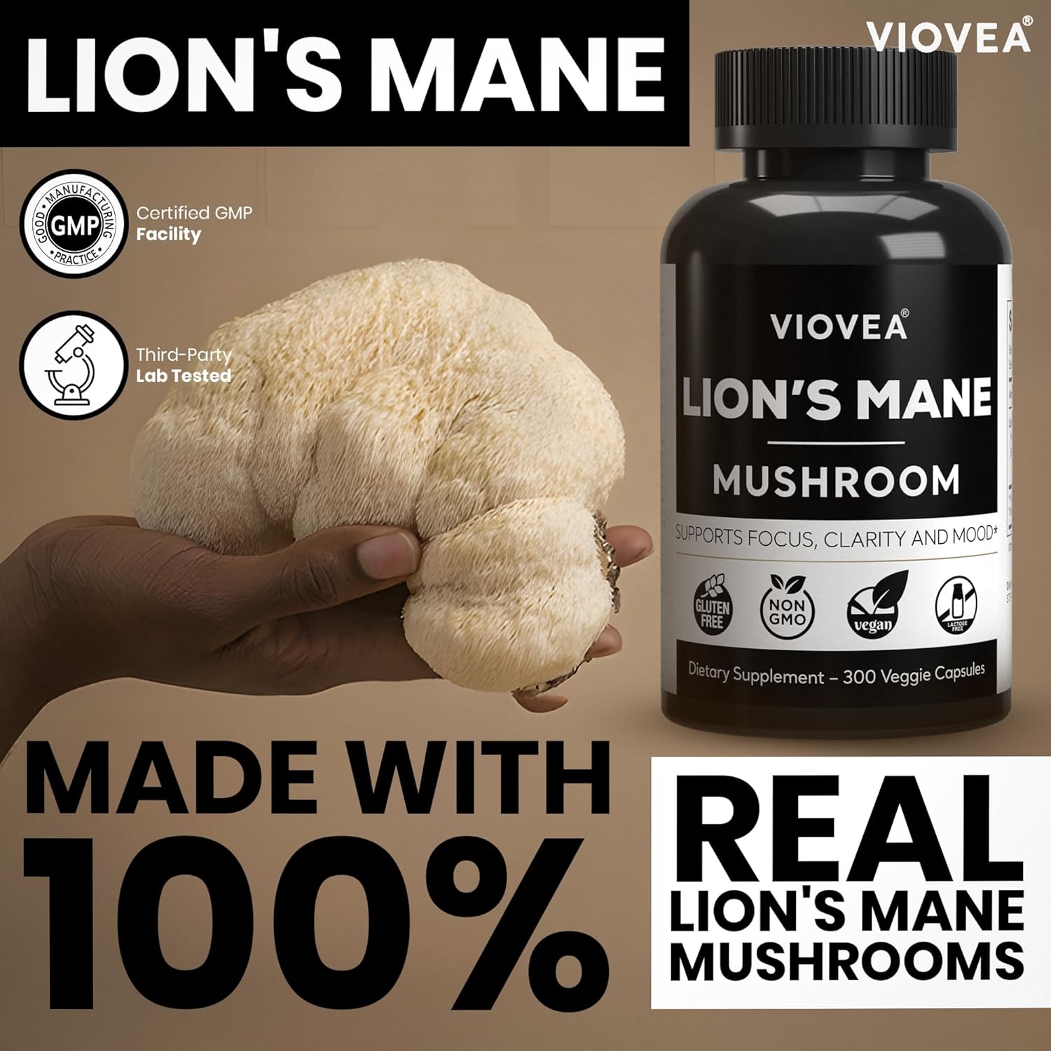 Organic Lion's Mane Supplement Capsules - 300 Capsules (5-Month Supply) for Focus, Memory, and Cognitive Function. Immune Support Nootropic Supplement.