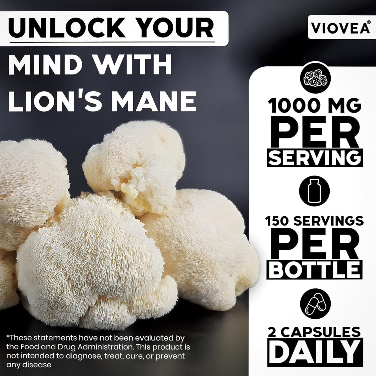 Organic Lion's Mane Supplement Capsules - 300 Capsules (5-Month Supply) for Focus, Memory, and Cognitive Function. Immune Support Nootropic Supplement.