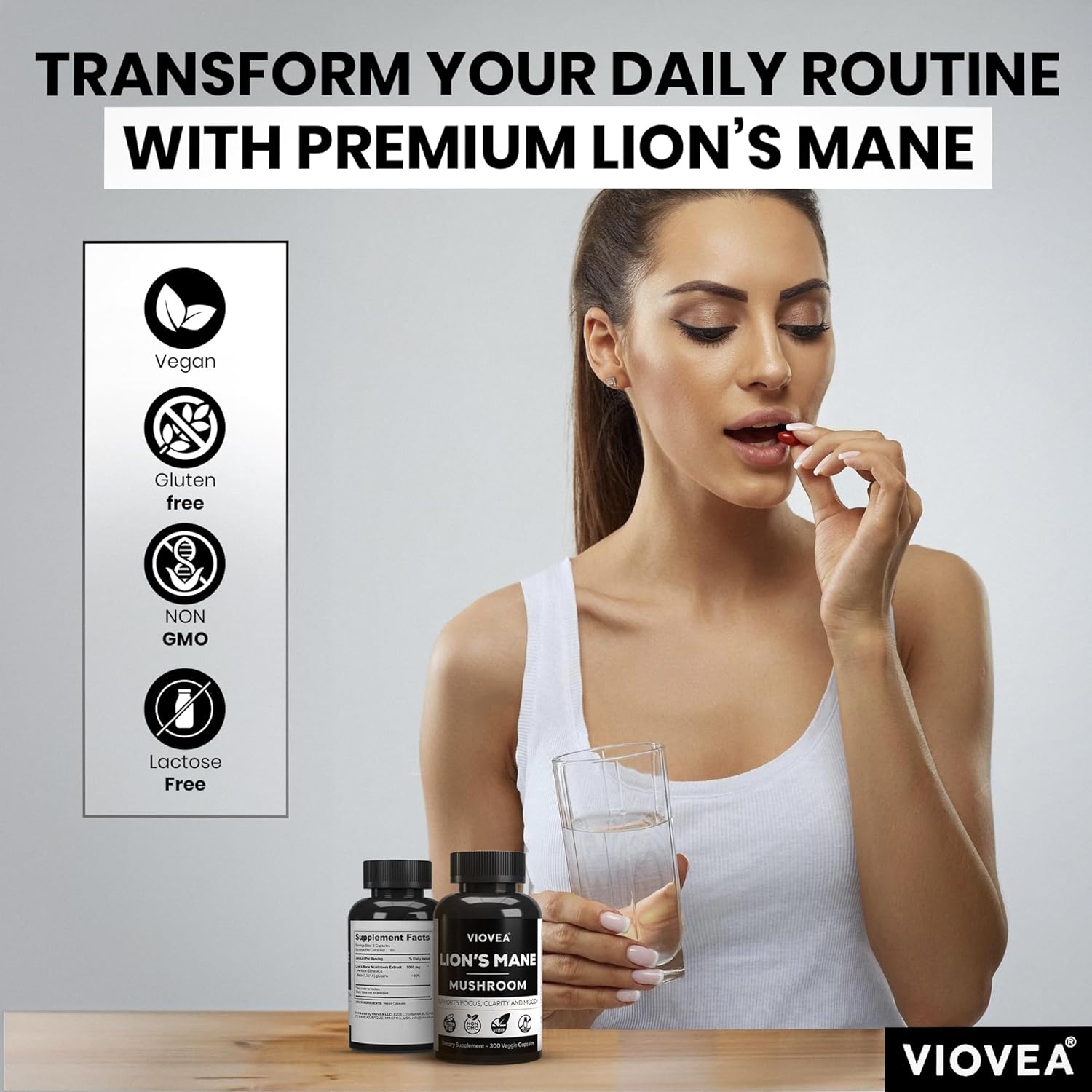 Organic Lion's Mane Supplement Capsules - 300 Capsules (5-Month Supply) for Focus, Memory, and Cognitive Function. Immune Support Nootropic Supplement.