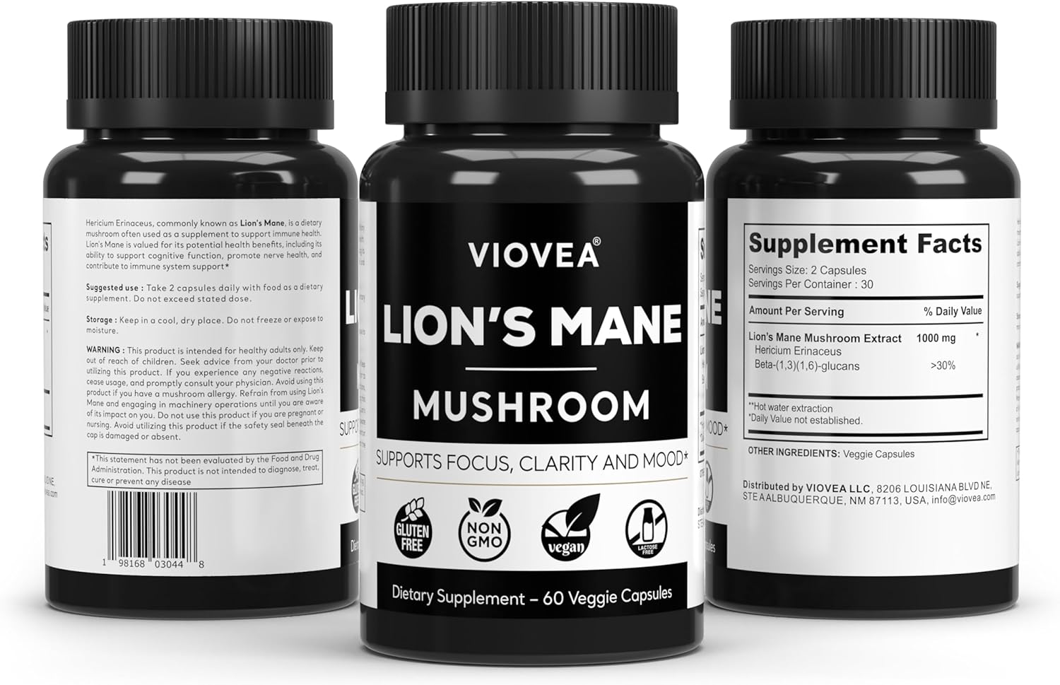 Organic Lion's Mane Supplement Capsules - 60 Capsules (30-Day Supply) for Cognitive Function and Immune Support - Nootropic Blend for Focus, Clarity, Memory, and Cognition