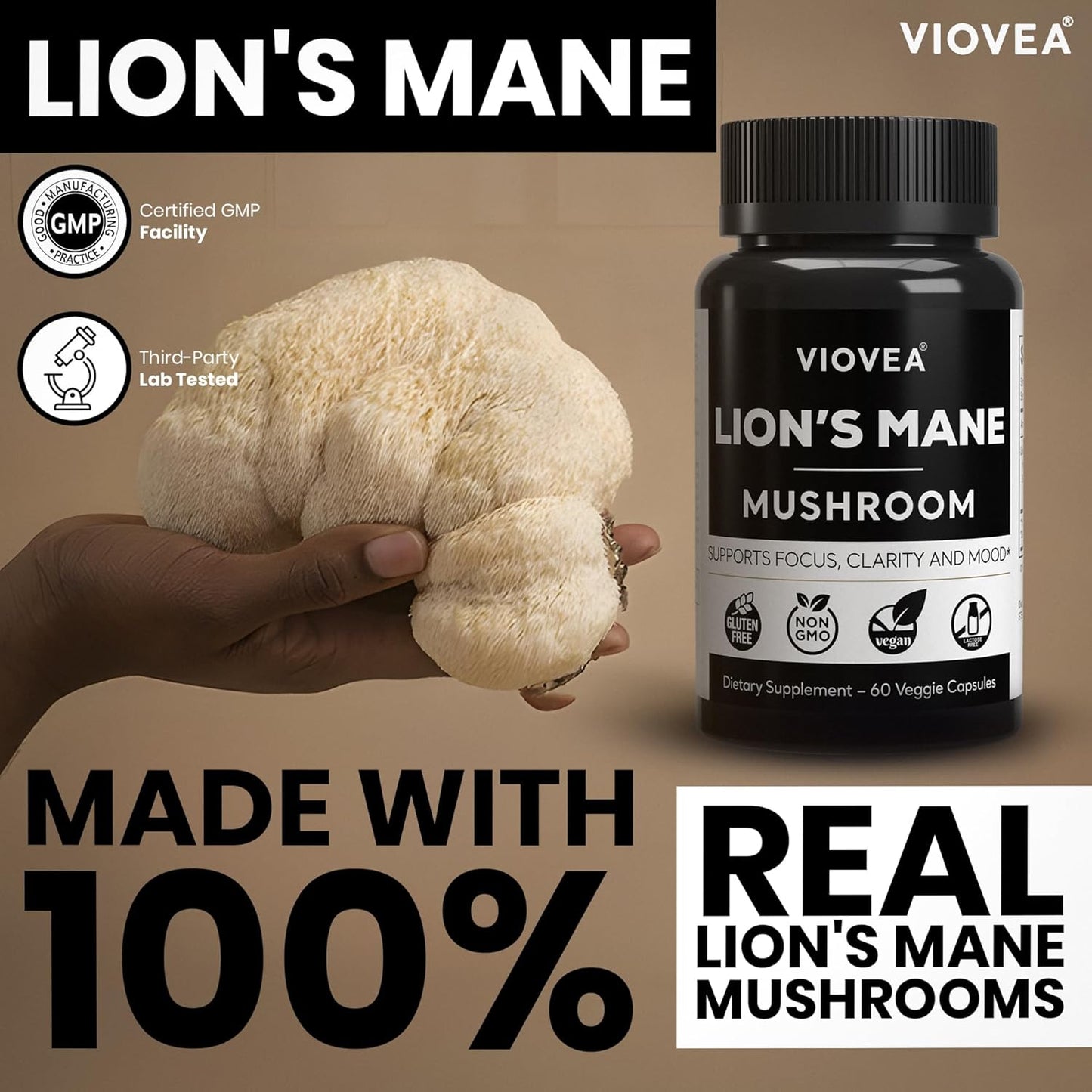 Organic Lion's Mane Supplement Capsules - 60 Capsules (30-Day Supply) for Cognitive Function and Immune Support - Nootropic Blend for Focus, Clarity, Memory, and Cognition
