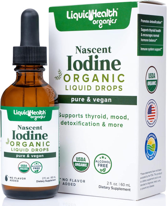 Organic Liquid Iodine Drops for Thyroid & Immune Support - USDA Organic, Vegan, Colorless & Tasteless Tincture