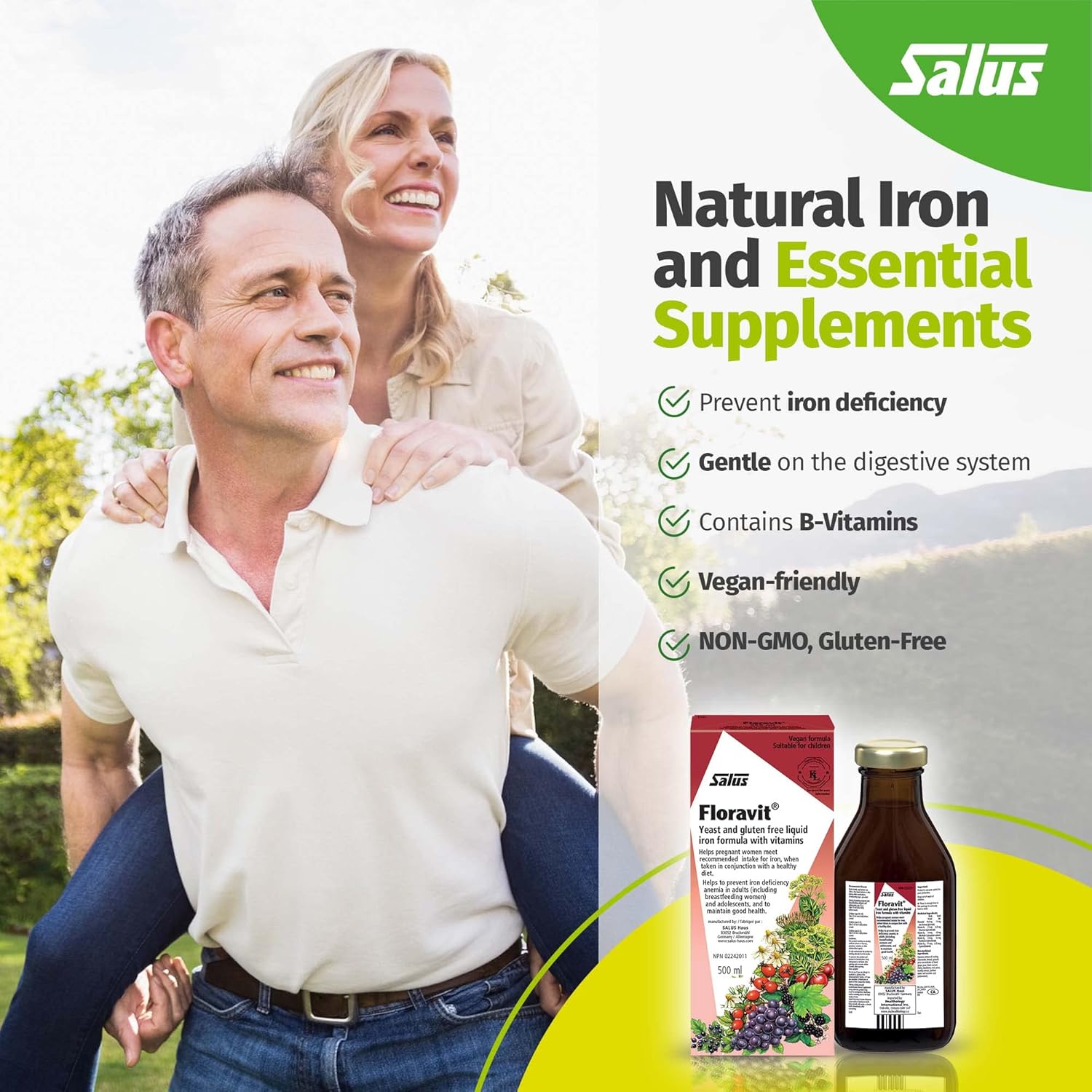 Organic Liquid Iron and Vitamin Supplement for Women, Men, and Kids - Gluten-Free, Non-GMO (500ml)