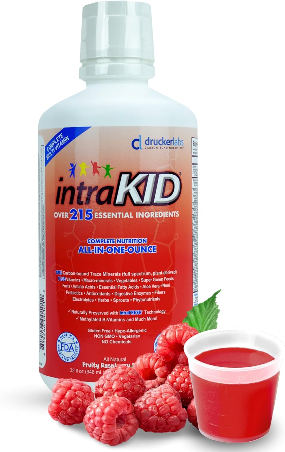 Organic Liquid Multivitamin for Kids with Trace Minerals & Immune Support, Non GMO, Dairy & Gluten Free (32 oz., Fruity Raspberry)