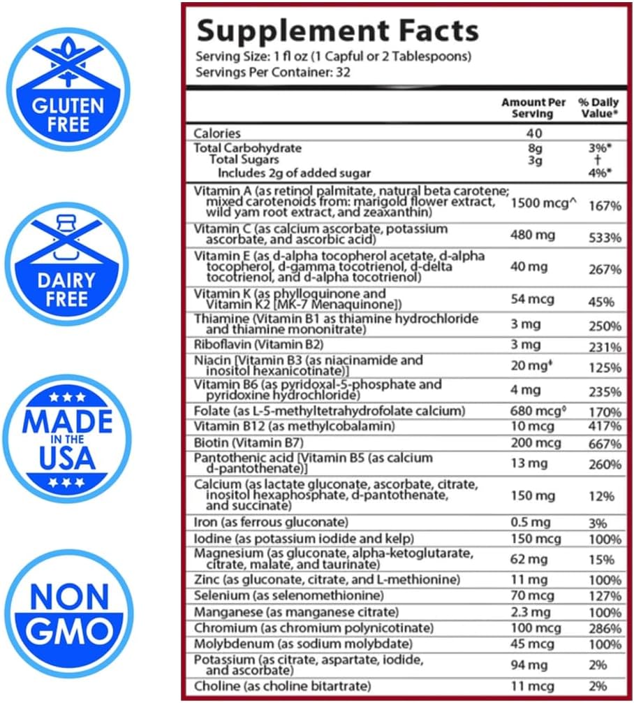 Organic Liquid Multivitamin for Kids with Trace Minerals & Immune Support, Non GMO, Dairy & Gluten Free (32 oz., Fruity Raspberry)