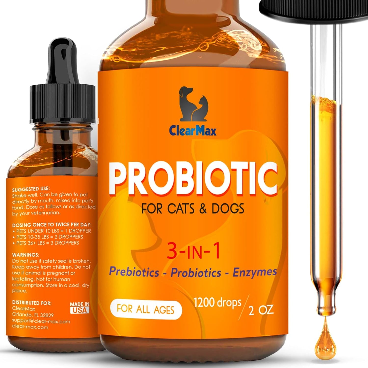Organic Liquid Probiotic Supplement for Dogs and Cats - Clear Max Formula with Prebiotics - Herbal Taste - 2 oz Bottle