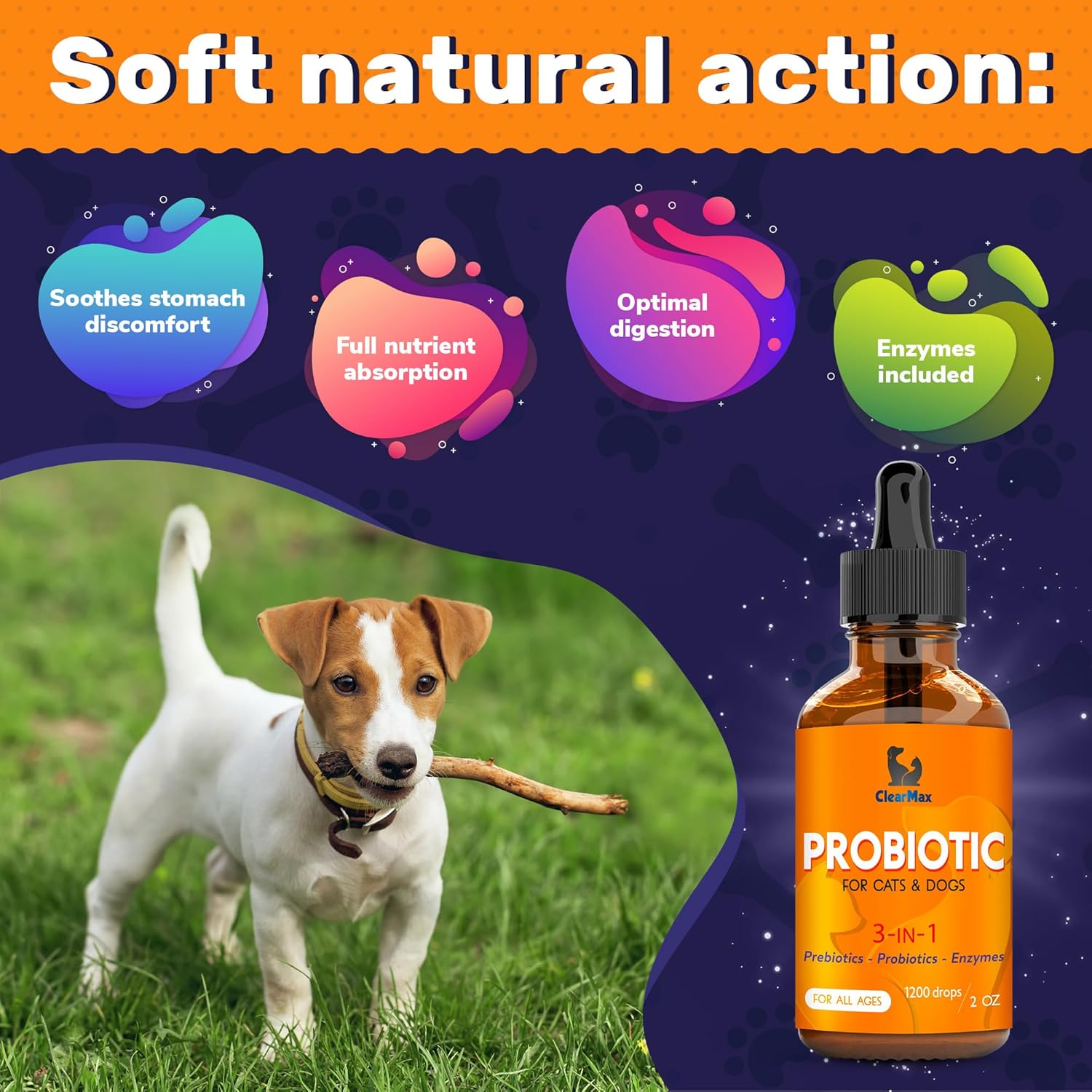 Organic Liquid Probiotic Supplement for Dogs and Cats - Clear Max Formula with Prebiotics - Herbal Taste - 2 oz Bottle