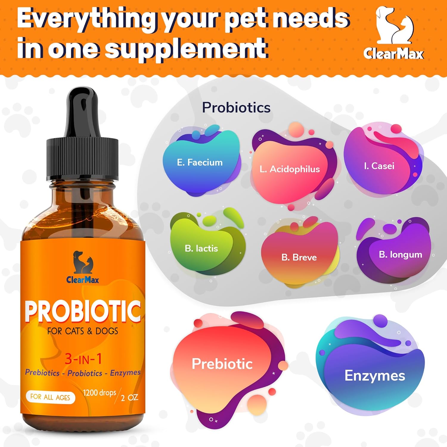 Organic Liquid Probiotic Supplement for Dogs and Cats - Clear Max Formula with Prebiotics - Herbal Taste - 2 oz Bottle