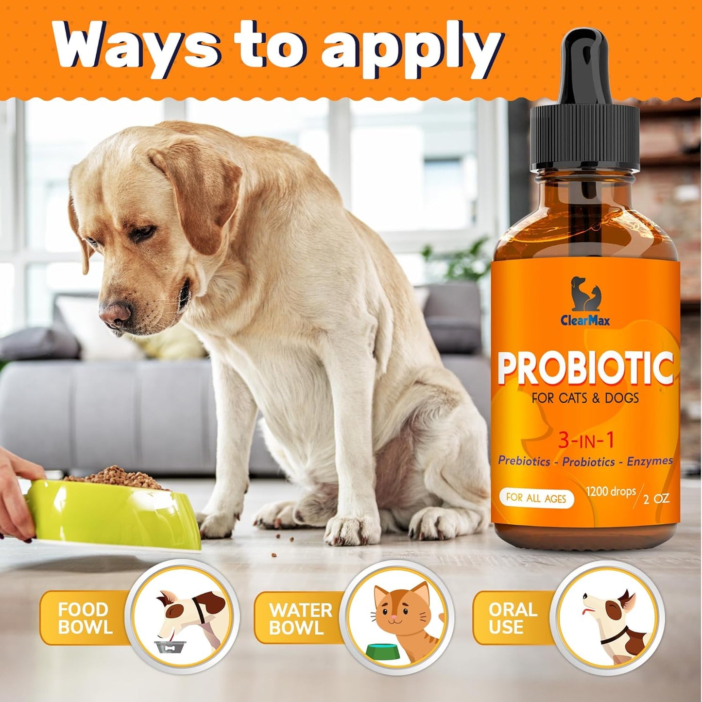 Organic Liquid Probiotic Supplement for Dogs and Cats - Clear Max Formula with Prebiotics - Herbal Taste - 2 oz Bottle