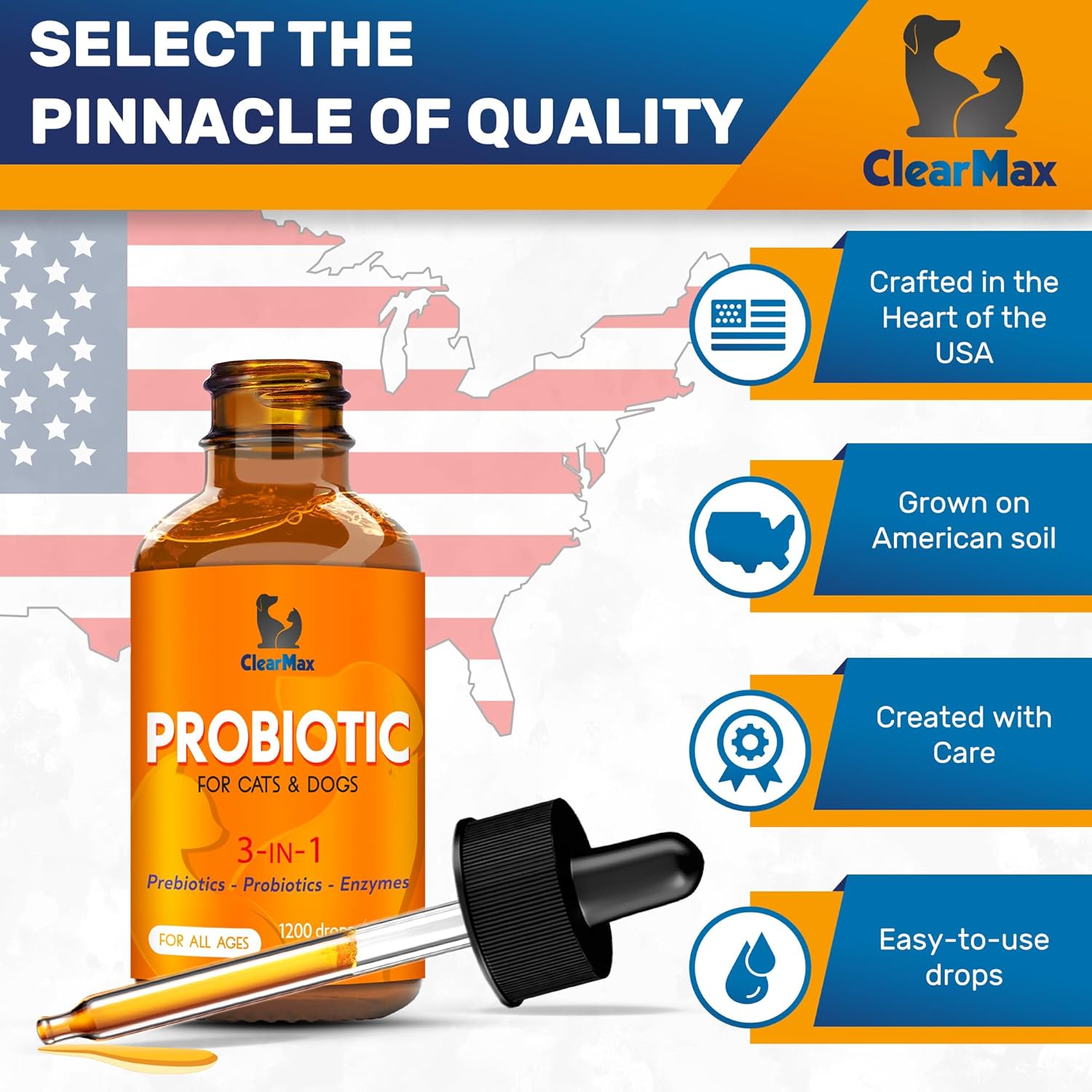 Organic Liquid Probiotic Supplement for Dogs and Cats - Clear Max Formula with Prebiotics - Herbal Taste - 2 oz Bottle