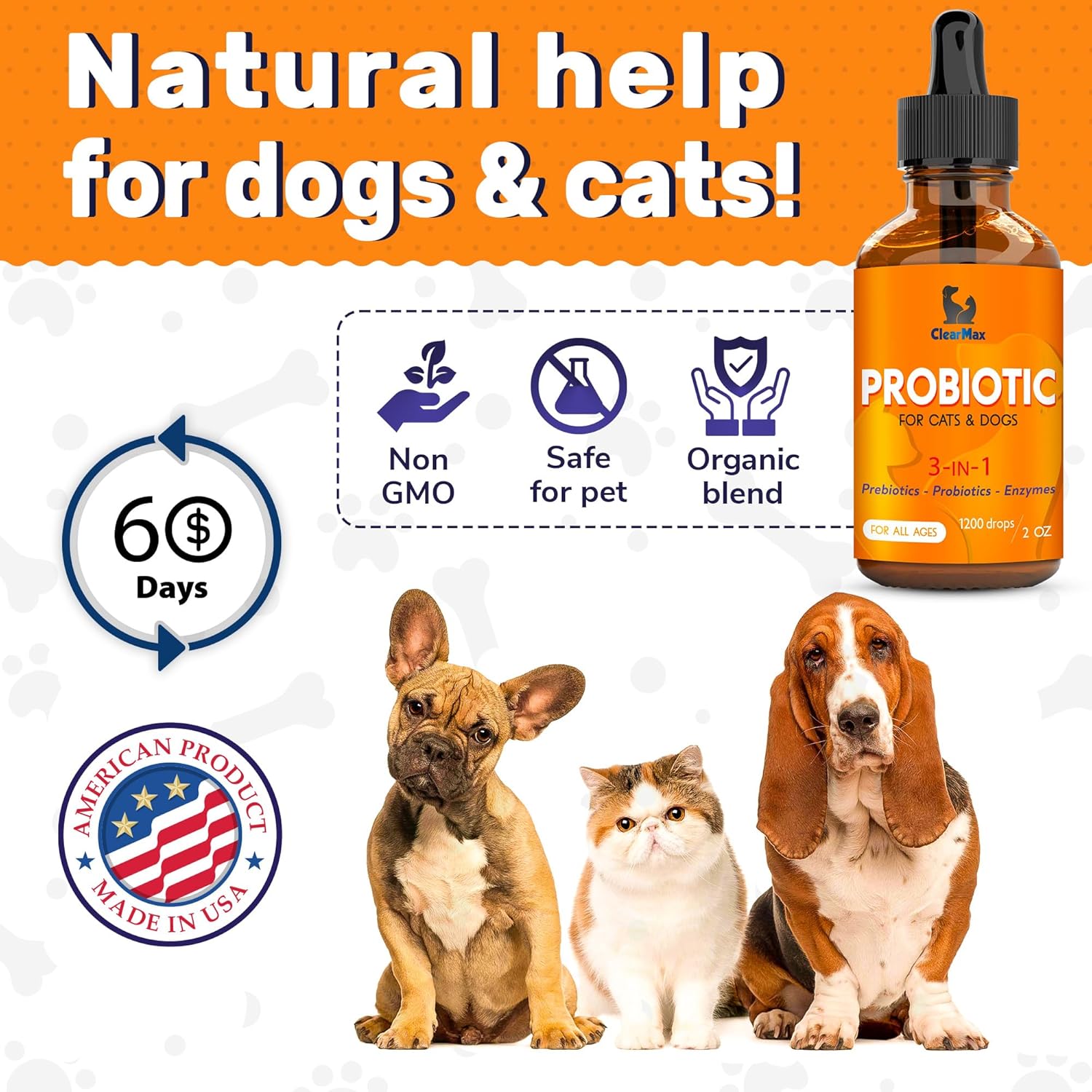 Organic Liquid Probiotic Supplement for Dogs and Cats - Clear Max Formula with Prebiotics - Herbal Taste - 2 oz Bottle