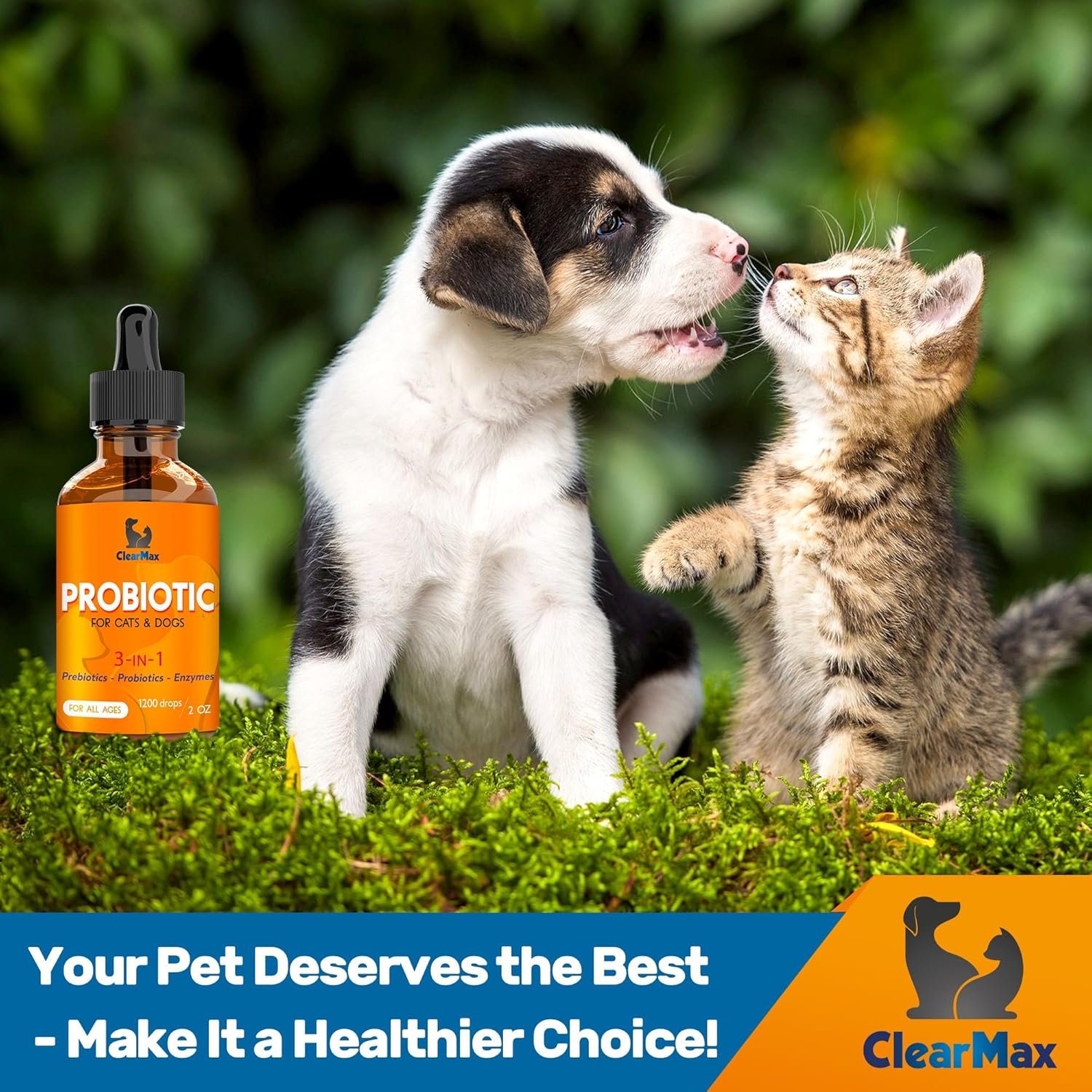 Organic Liquid Probiotic Supplement for Dogs and Cats - Clear Max Formula with Prebiotics - Herbal Taste - 2 oz Bottle